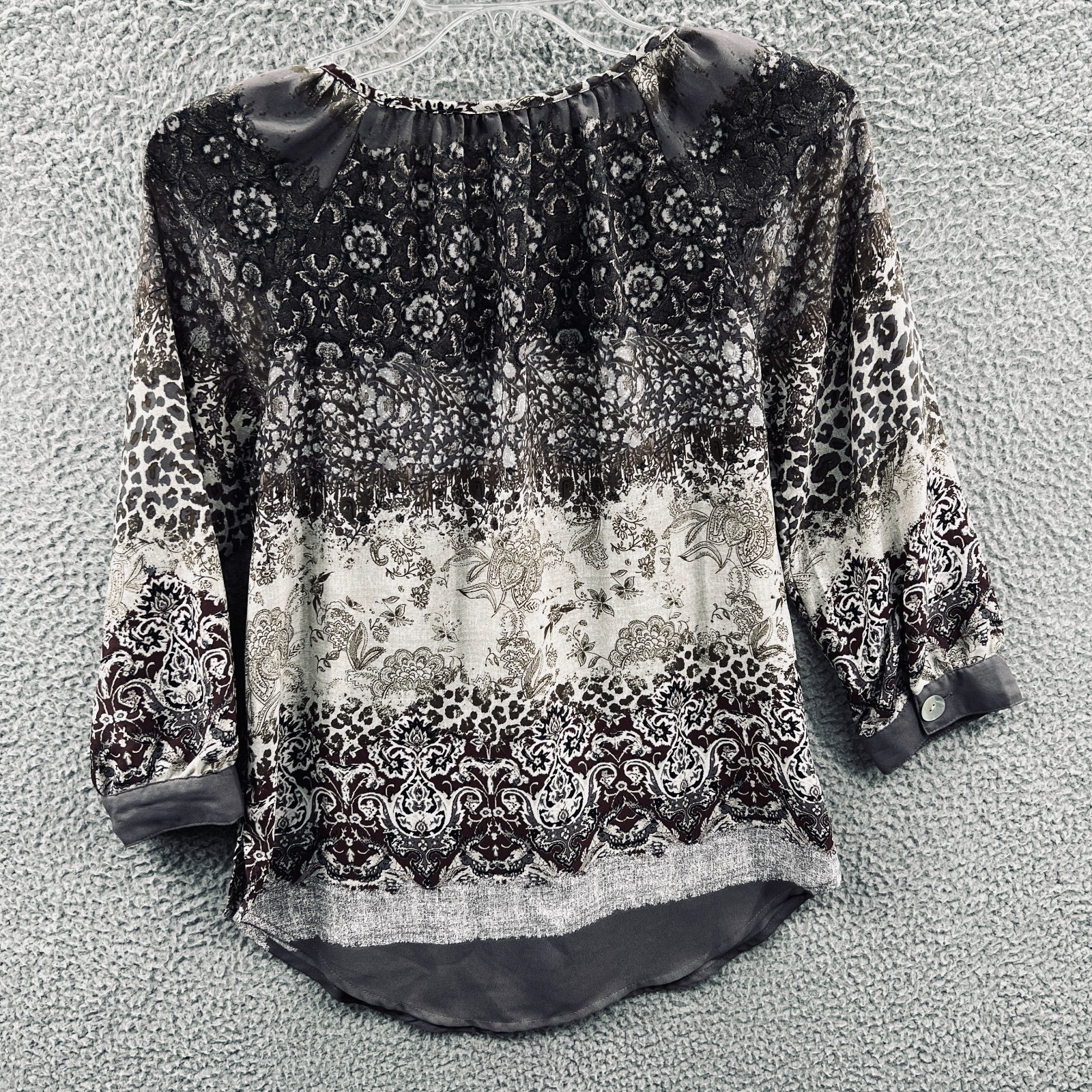 Figueroa & Flower Womens PS Boho Peasant Blouse Black White Paisley Floral Print