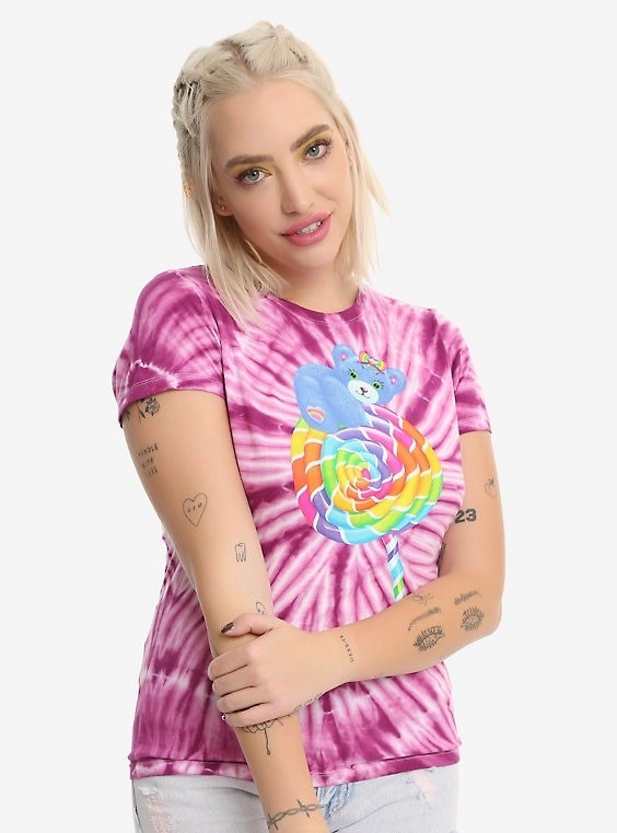 LISA FRANK WOMEN’S BEAR/CANDY/LOLLIPOP PINK TIE-DYE TEE/TOP – SIZE LARGE JUNIOR