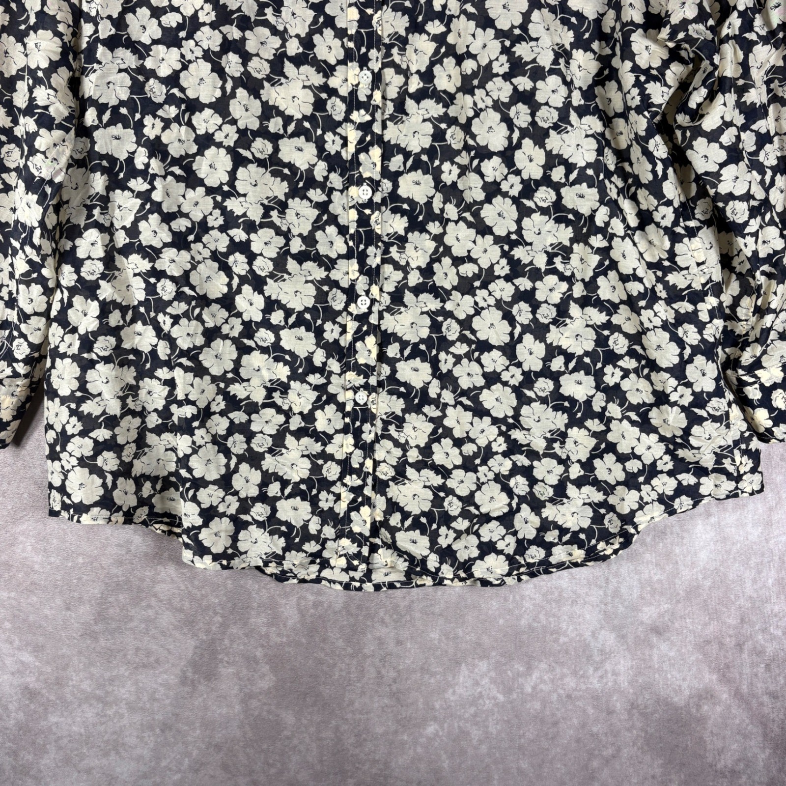 Lauren Ralph Lauren Blouse Womens XL Navy Floral Button Up Cotton Silk Blend