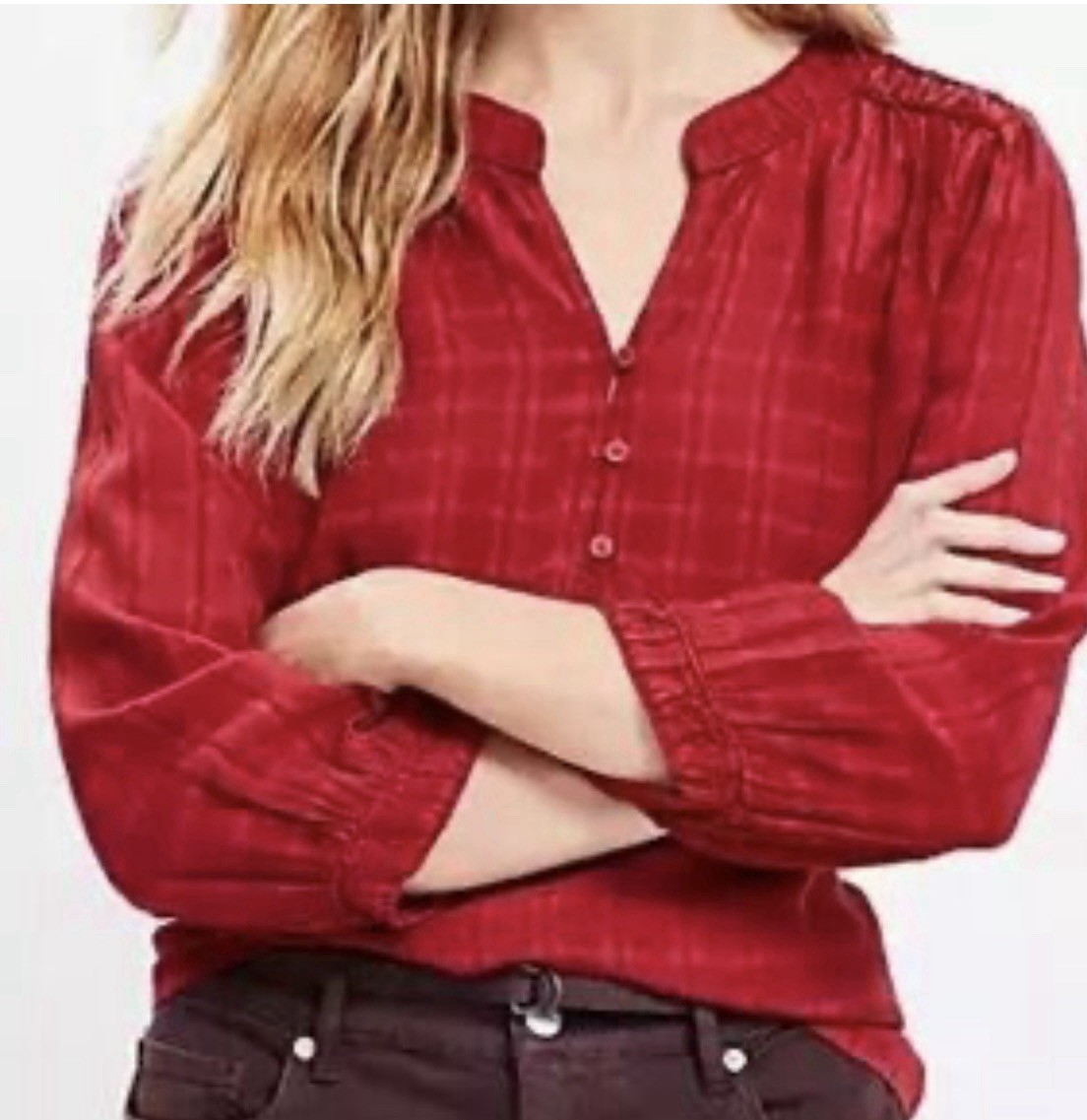 LOFT Top V Neck Rust Orange Red Plaid Solid Color Women Medium NWT