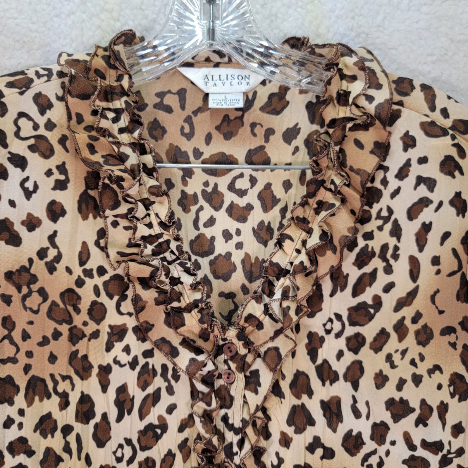 Vtg 90s Allison Taylor Womens Top Size L Brown Leopard Ruffled Unique Blouse