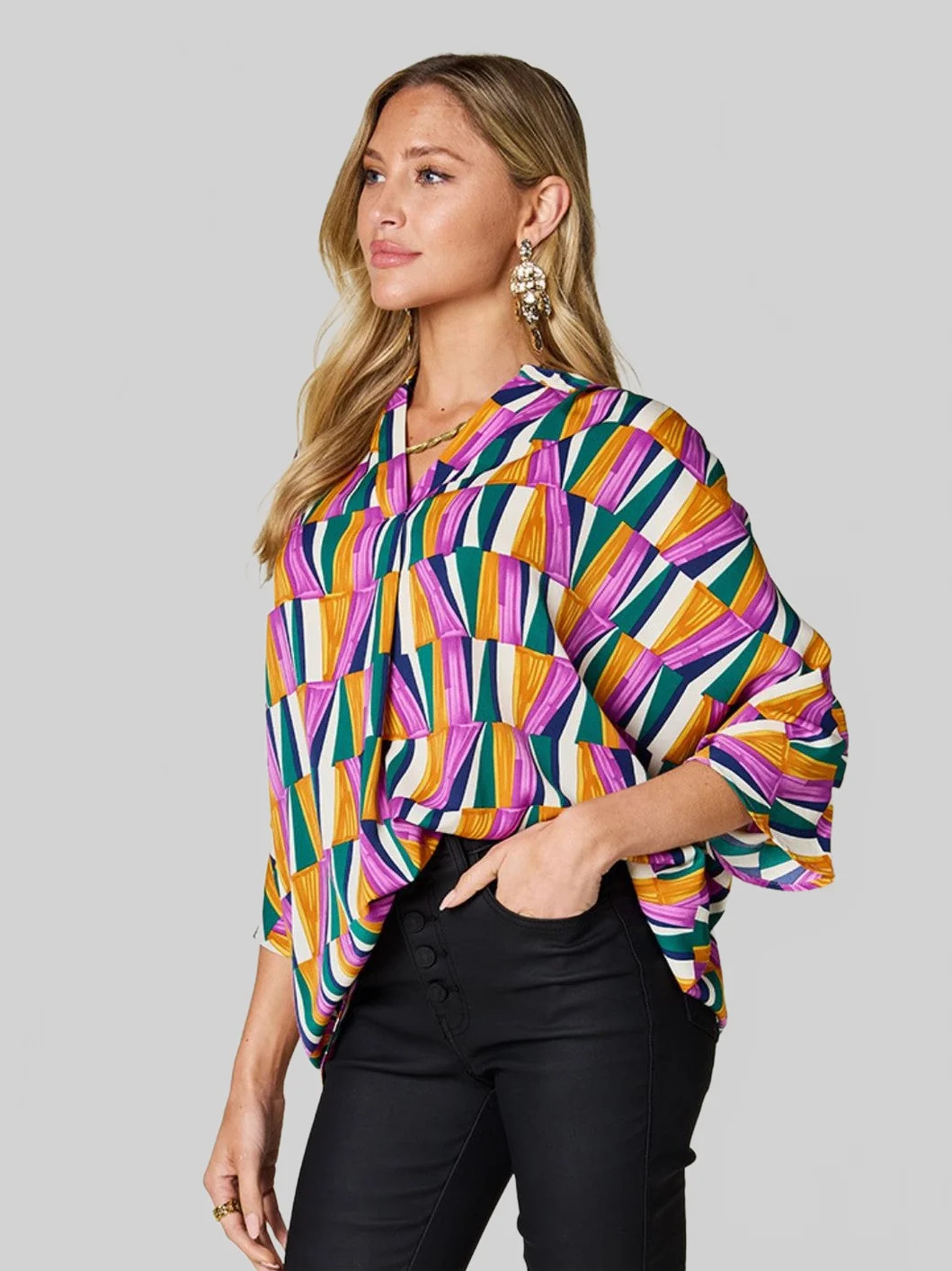Women Double Take Full Size Geometric Notched Dolman Sleeve Top