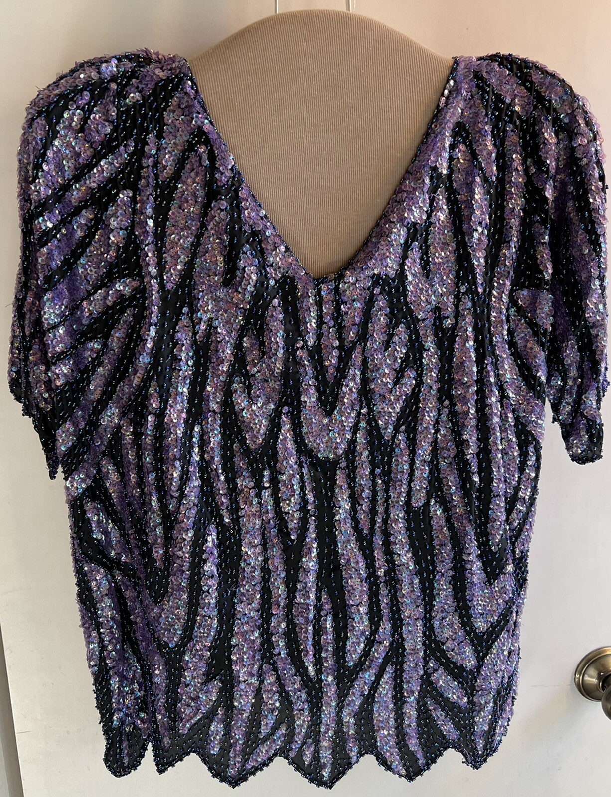 Vintage Purple/Black Silk Heavily Sequined Women’s Blouse Top Elegant Gorgeous