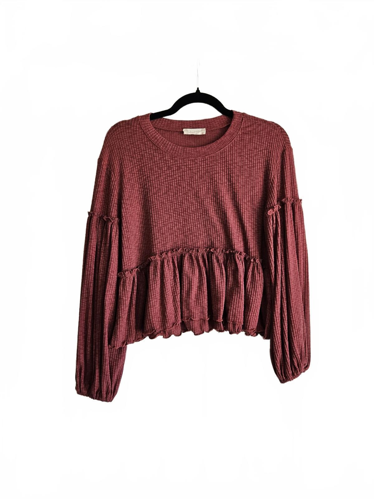 Altar’d State Burgandy Ruffle Hem Long Sleeve Top Size Small