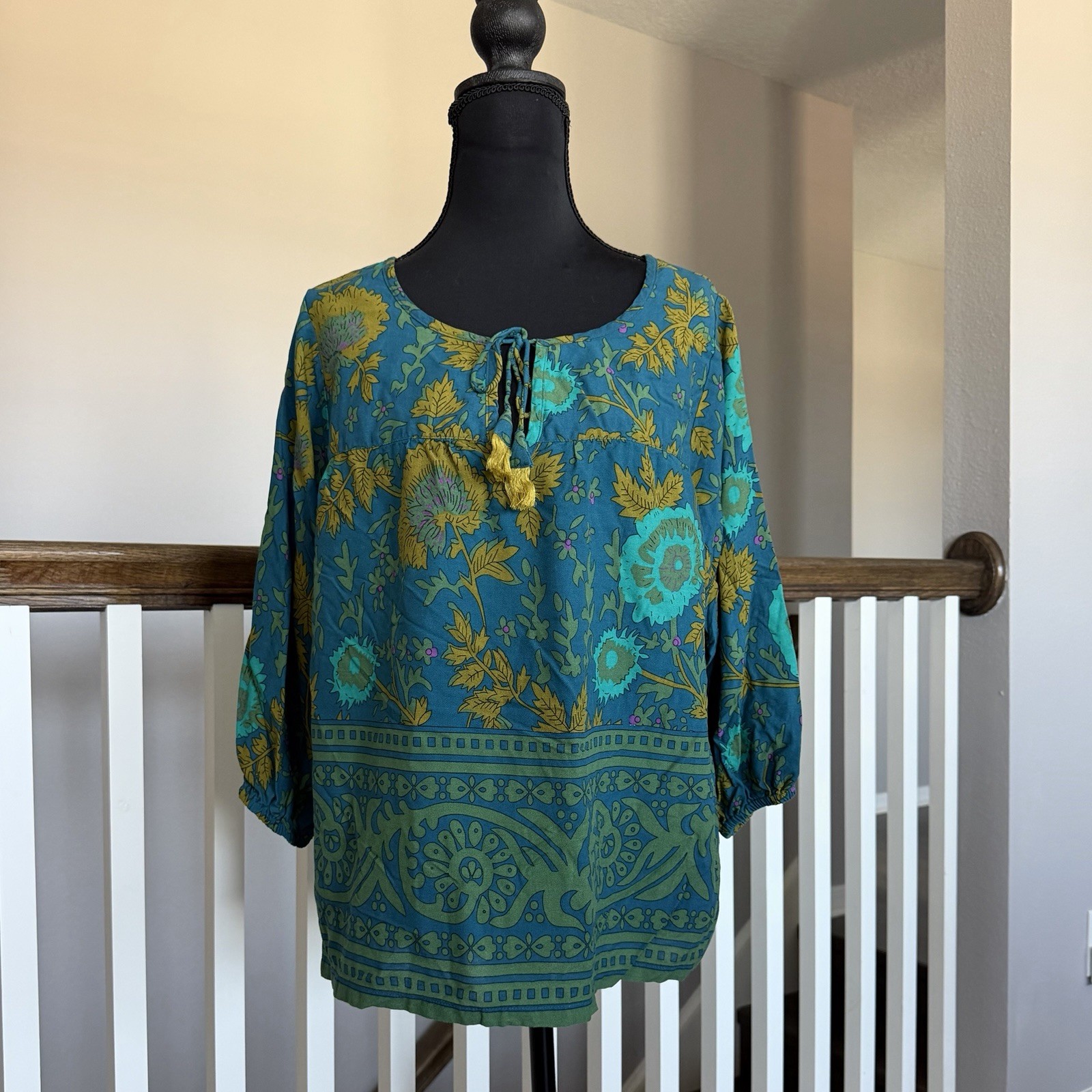 Natural Life 3/4 Sleeve Maribel Peasant Blouse Small Floral BOHO Cottage Hippie