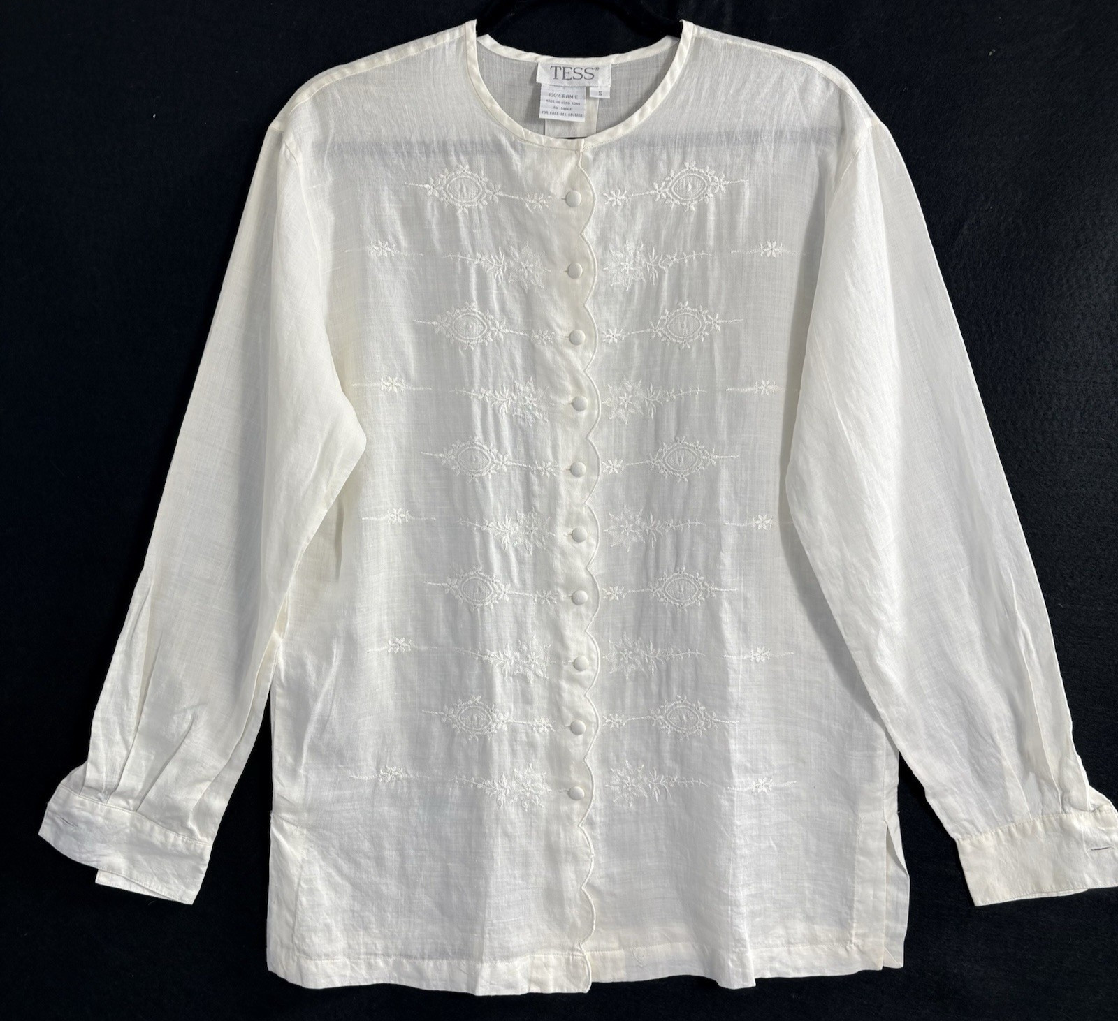 Vtg TESS Women Ramie Long Sleeves Button Front Embroidered Blouse Sz S White