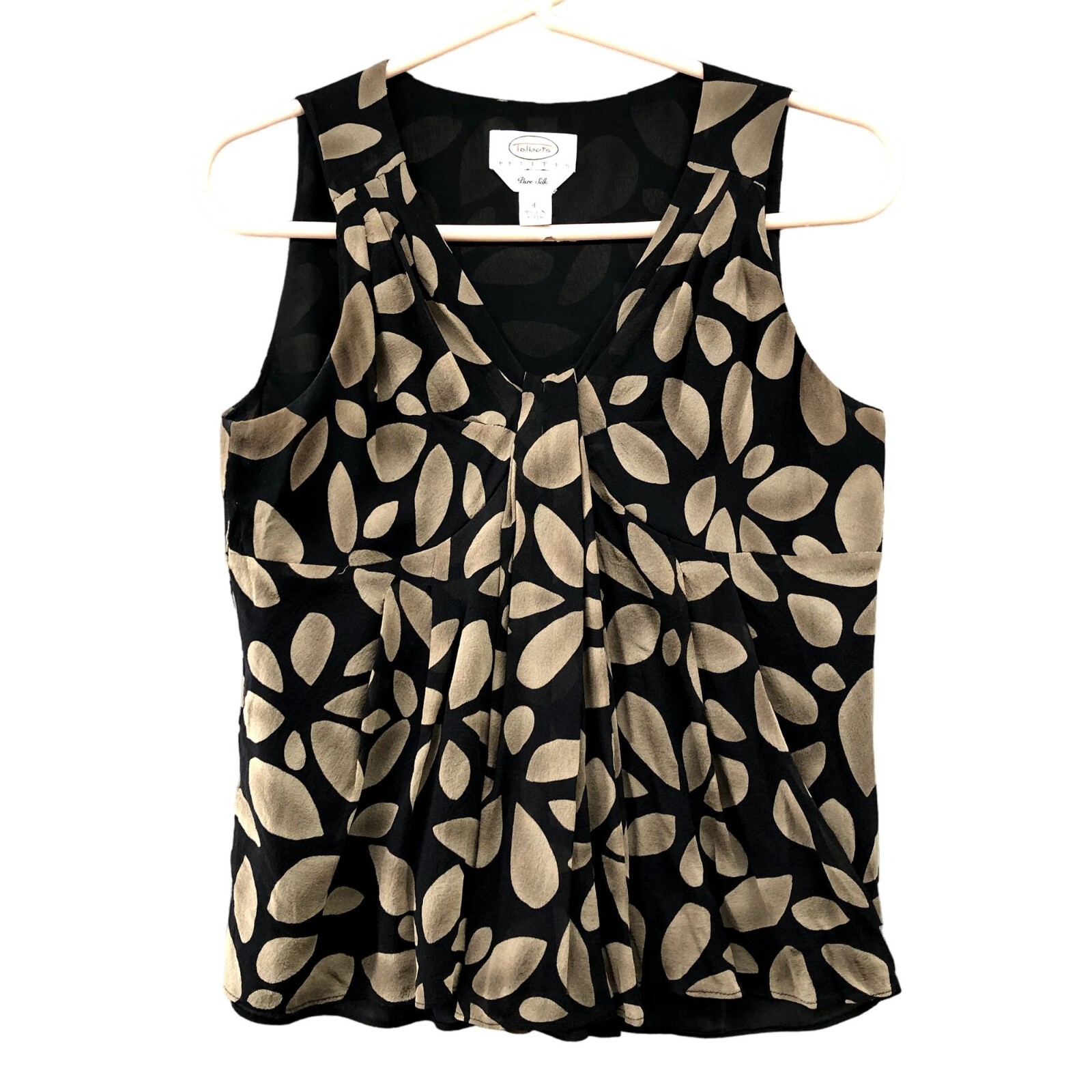 Talbots Pure Silk Sleeveless Blouse Womens Size 5 Black Beige Floral V-neck