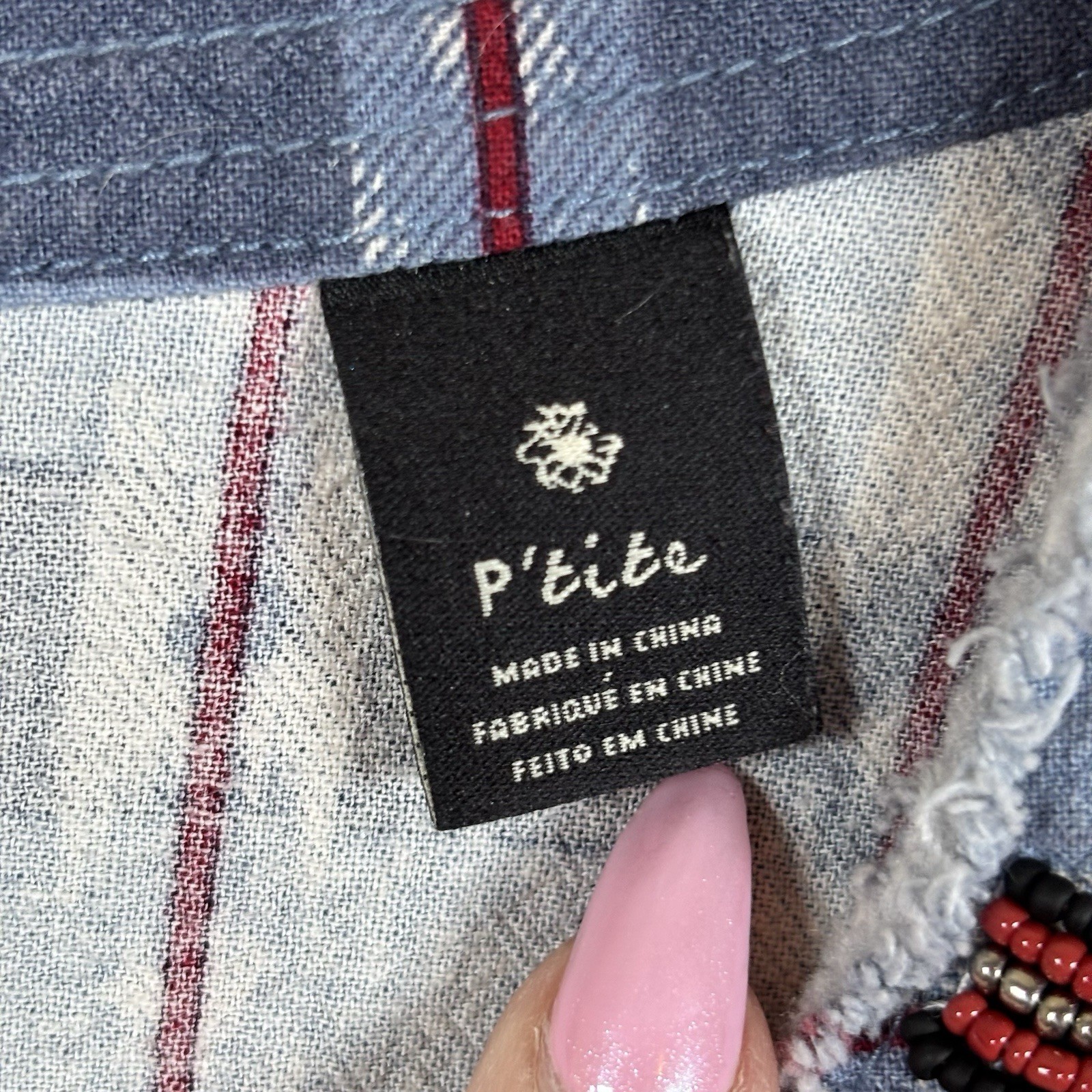 Maison Scotch & Soda Top Women’s Petite Blue Red Plaid Popover Beaded Western