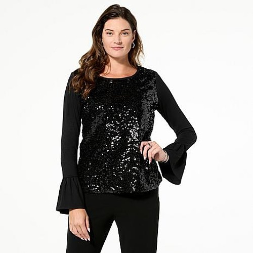 C Wonder by Christian Siriano Ruffle Cuff Sequin Detail Top Shirt Black S New