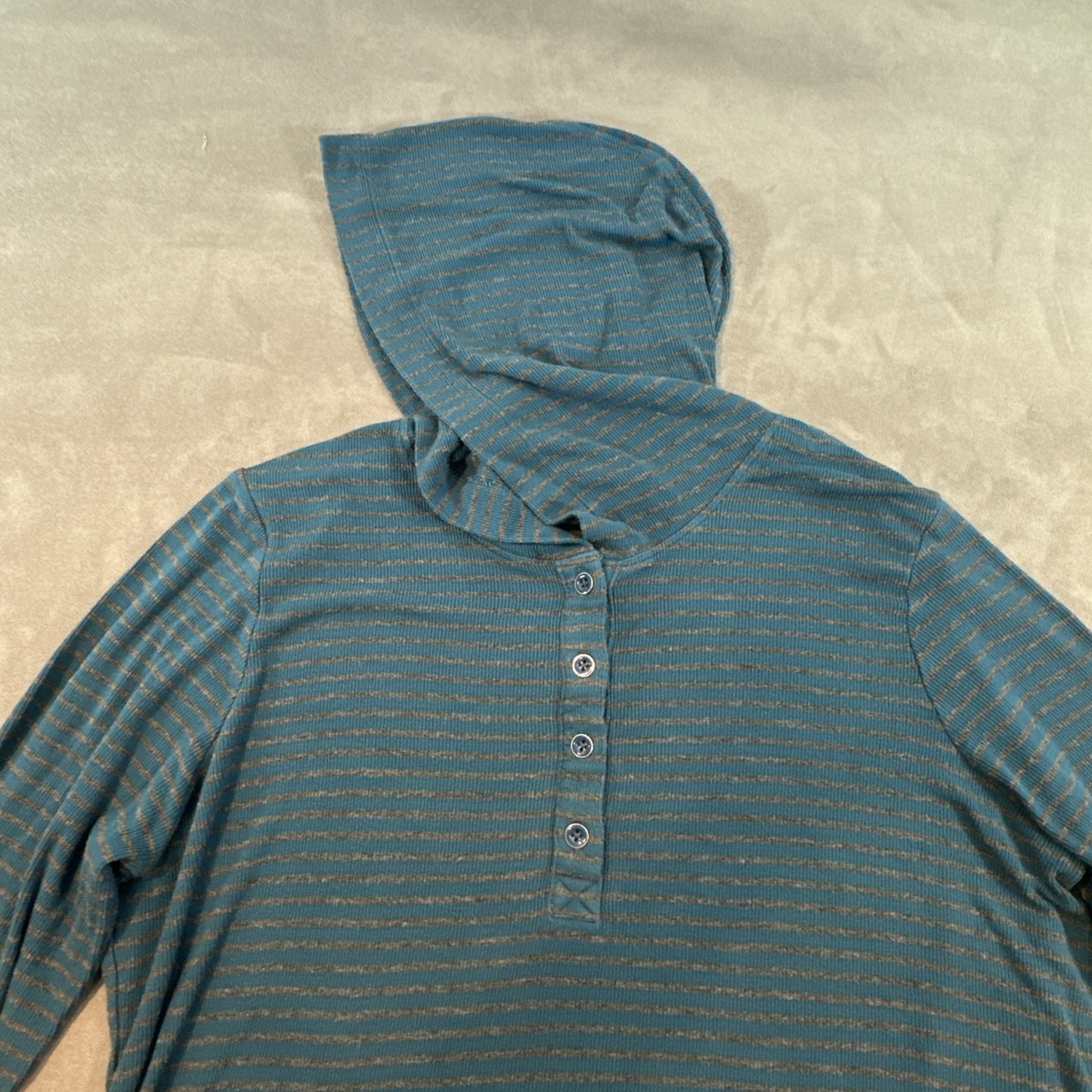 Cabi 4191 Striped Knit Hoodie Womens L Blue 1/4 Button Henley Stretch Thumb Hole