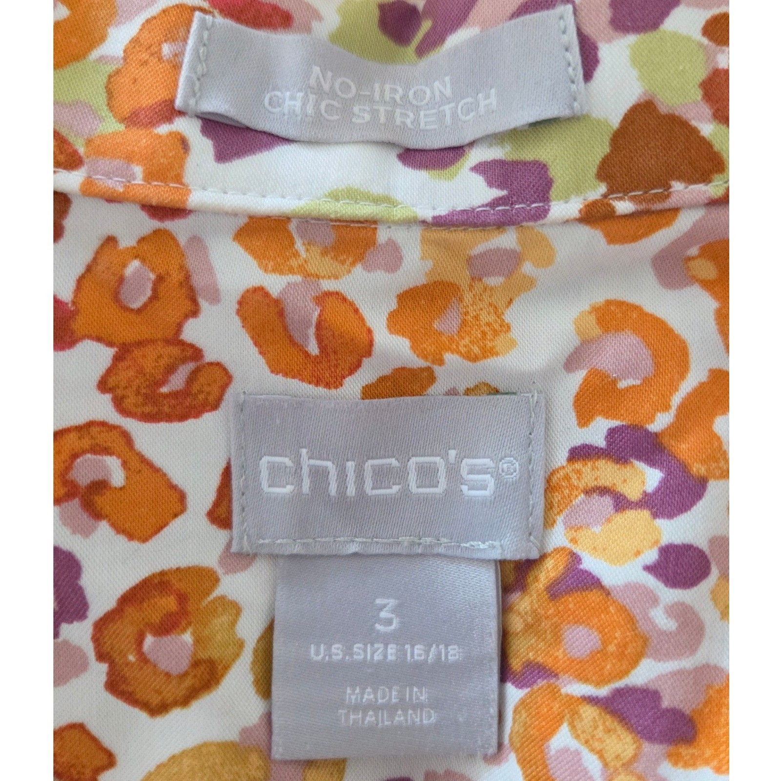 Chicos No-Iron Colorful Animal Print Back Button Popover Blouse Sz 3/XL 16-18