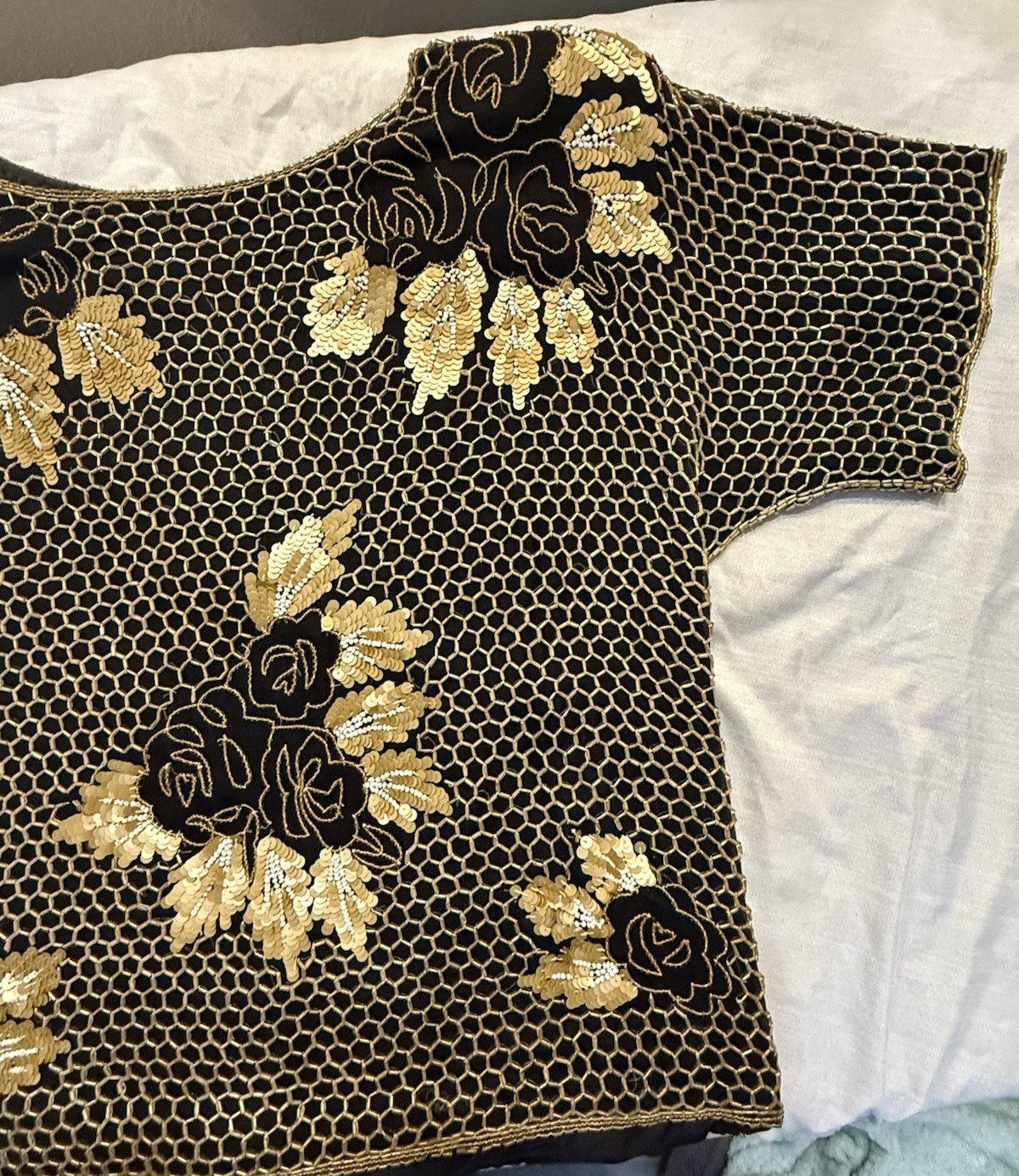 Vintage Jean for Joseph Le Bon 100% Pure Silk Black & Gold Sequin Top Women S