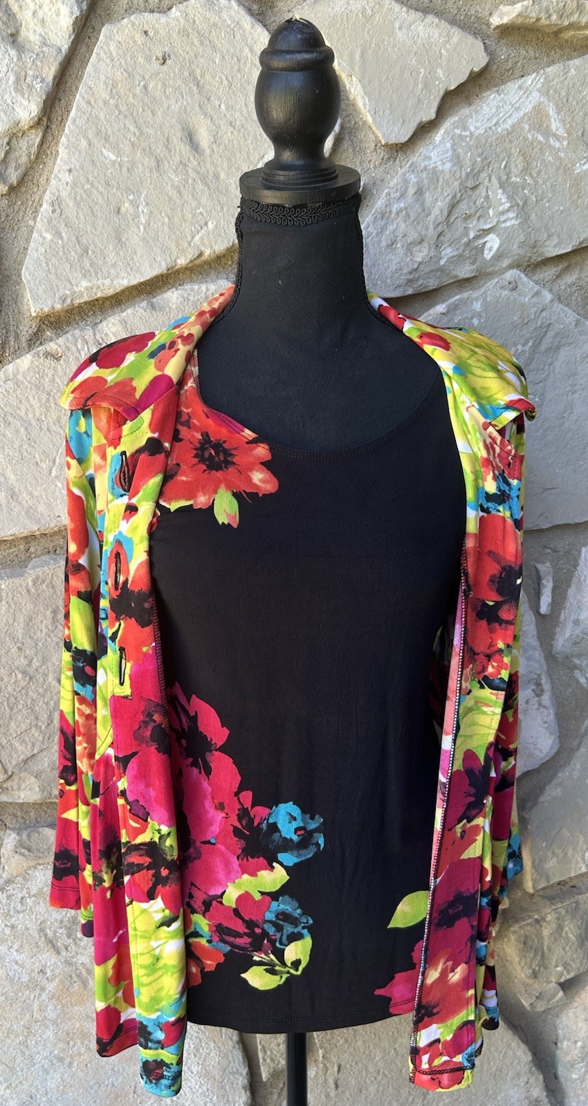 CHOICES Vivid Black Multicolor Button Front Jacket and Top Small Travel Knit EC