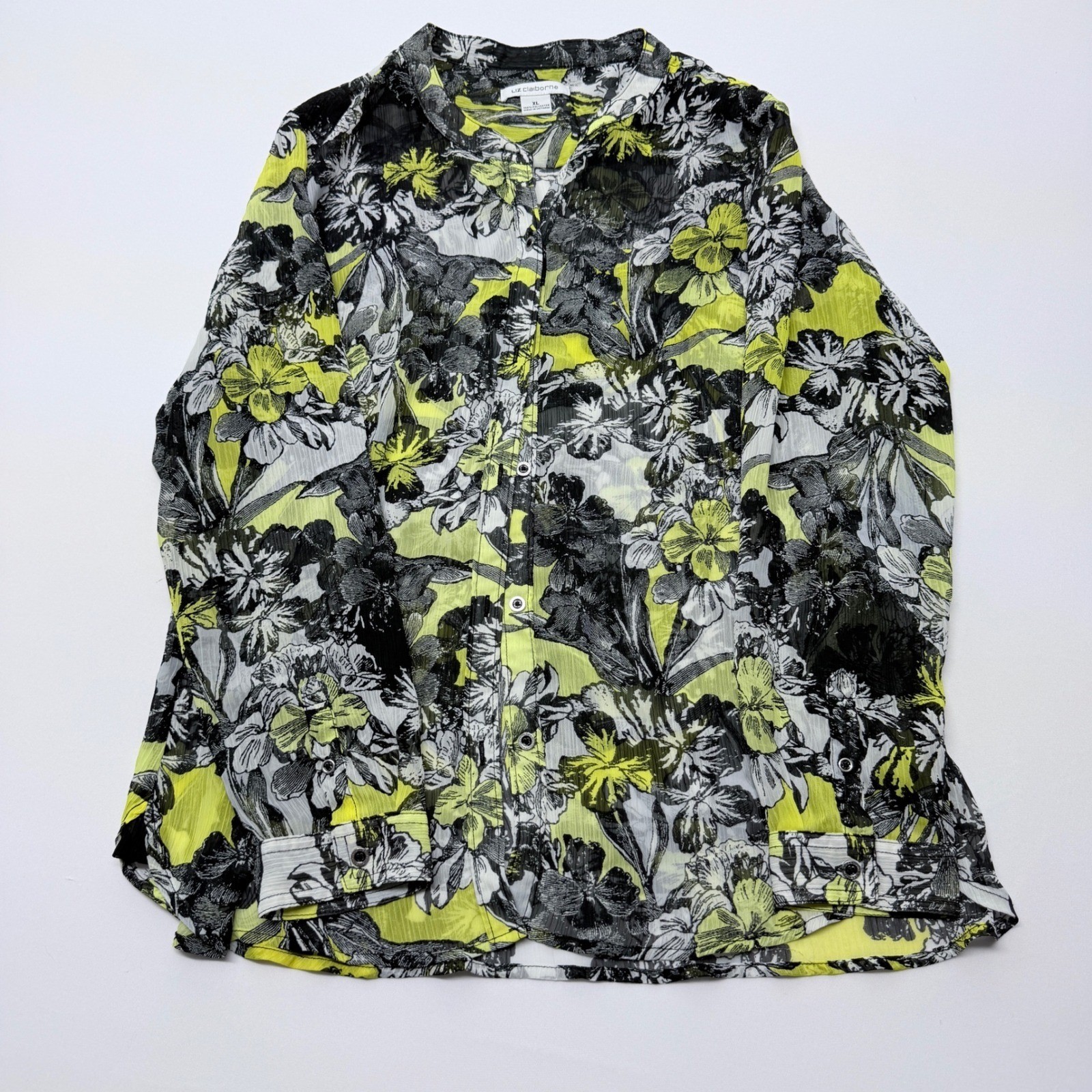 Liz Claiborne XL Floral Blouse Lime Green Black White Button Down Long Sleeve