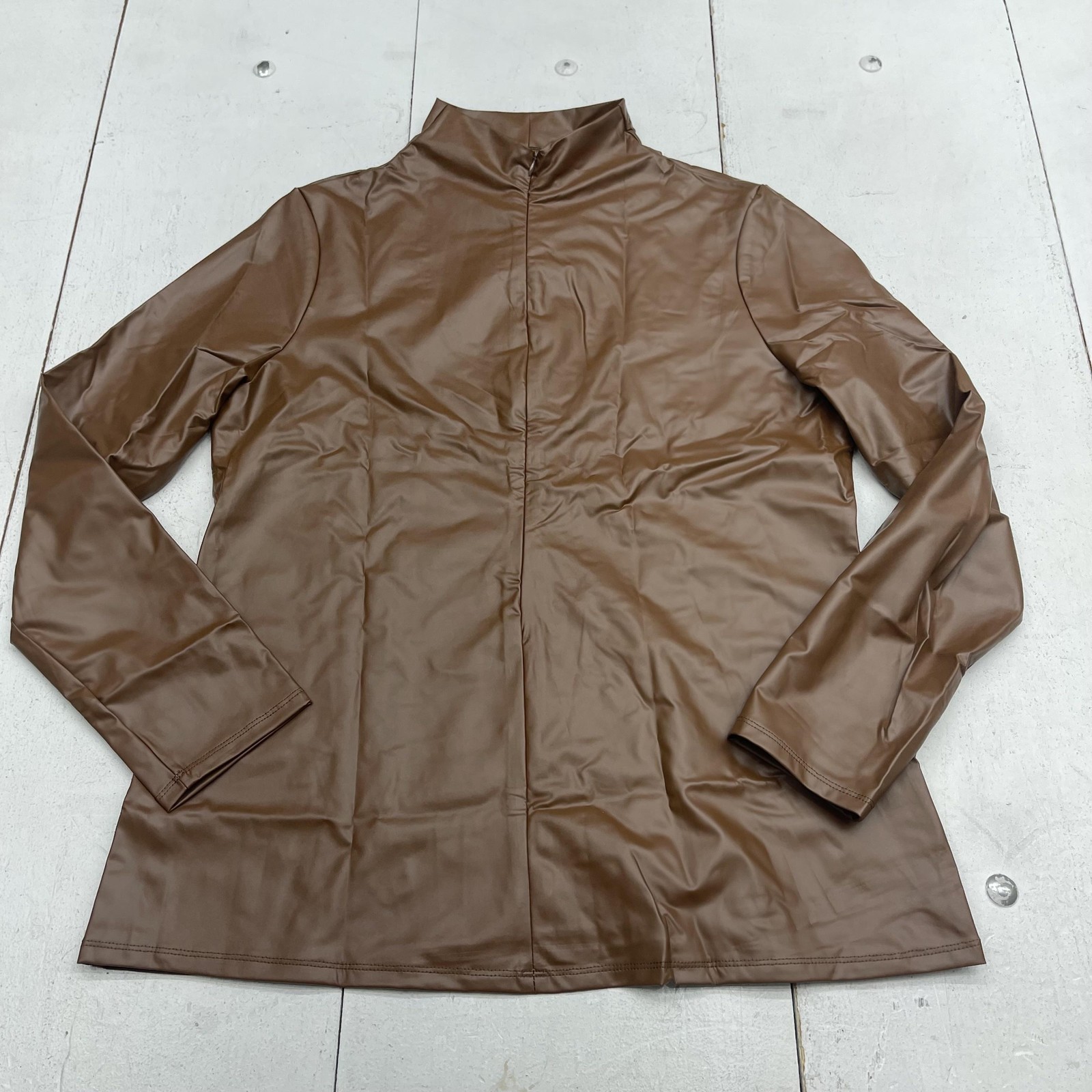 Brown Faux Leather Top Womens 2XL Zip Front Stand Collar Lined Mid Length
