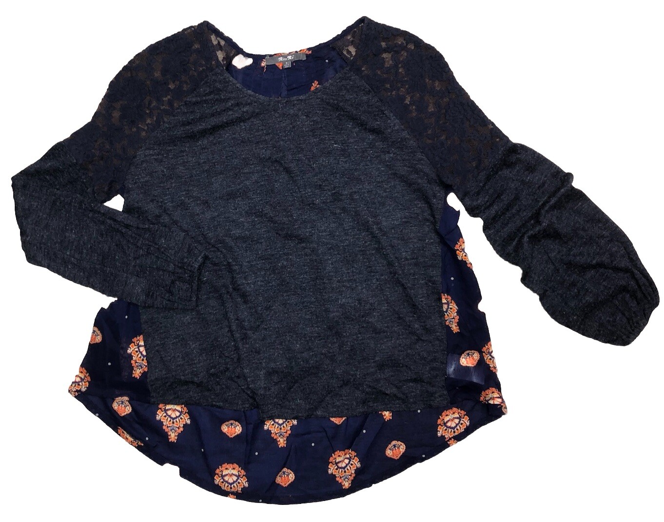 Miss Me Sweater S Navy Sheer Lace Shoulders High-low Floral Boho Mixed Media