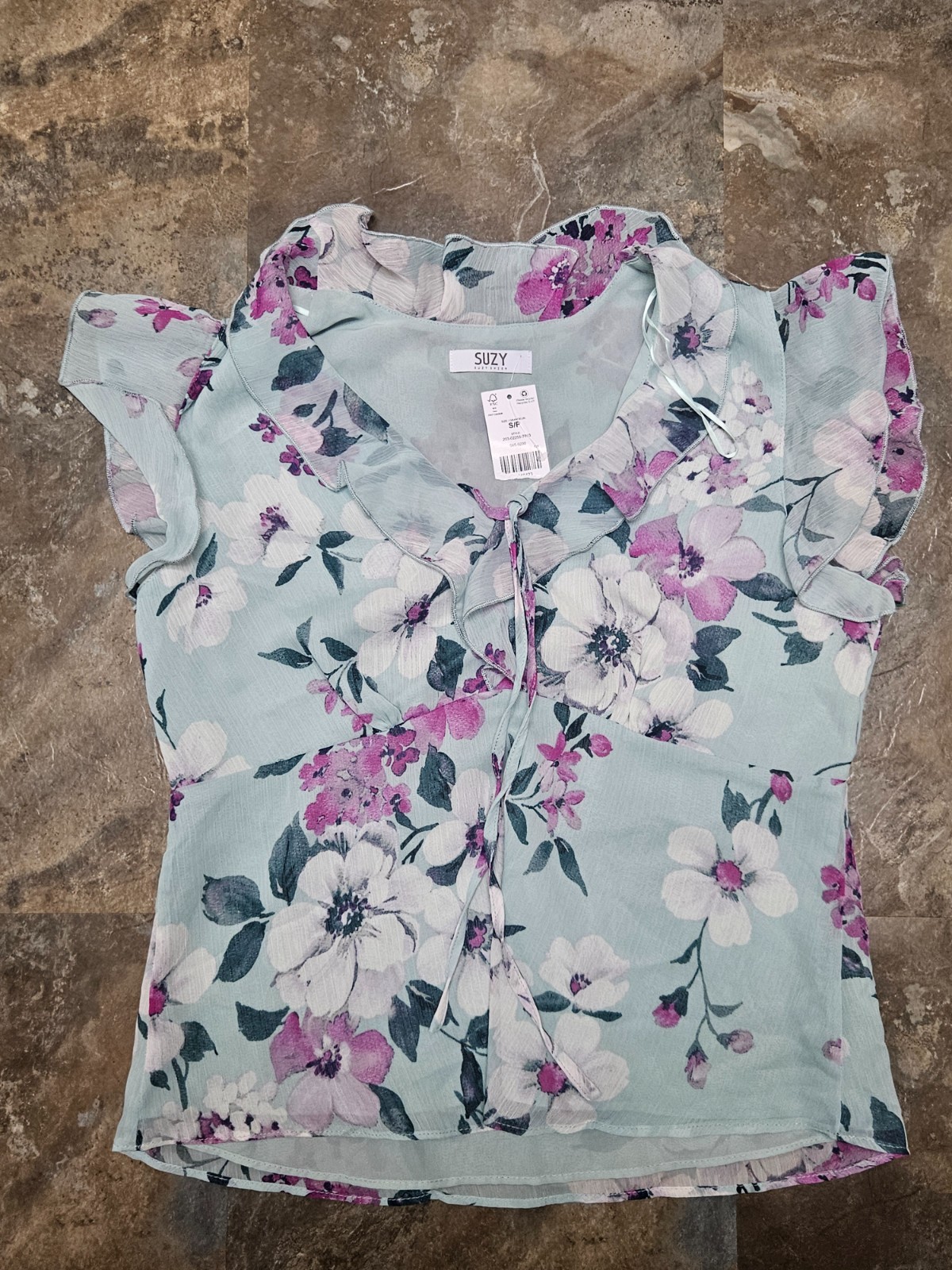 Suzy Shier Top Womens Mint Green Floral Print Size SP Blouse