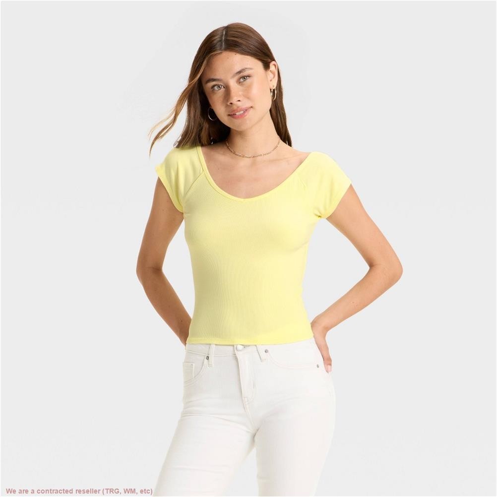 Women’s Short Sleeve Double V-Neck Ribbed T-Shirt Lemon Yellow XL *SEE DEAL!!!*