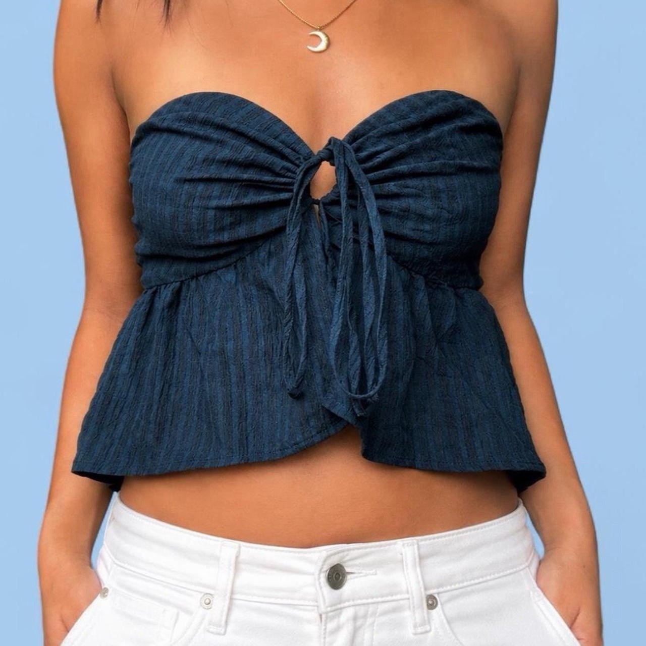 Wild Fable Womens L Blue Solid Strapless Smocked Tie-Front Tube Top