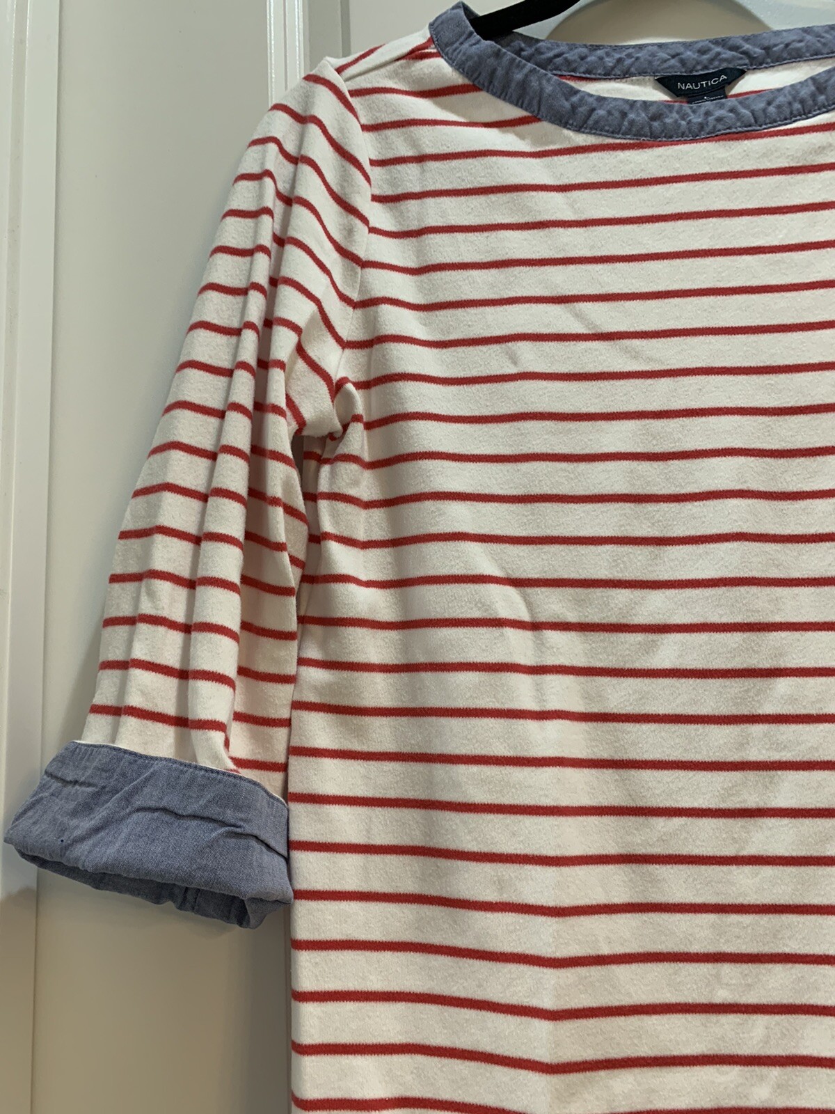 Nautica Red/White Stripes 3/4 Cuffed Sleeve Tee Large Boatneck Cotton