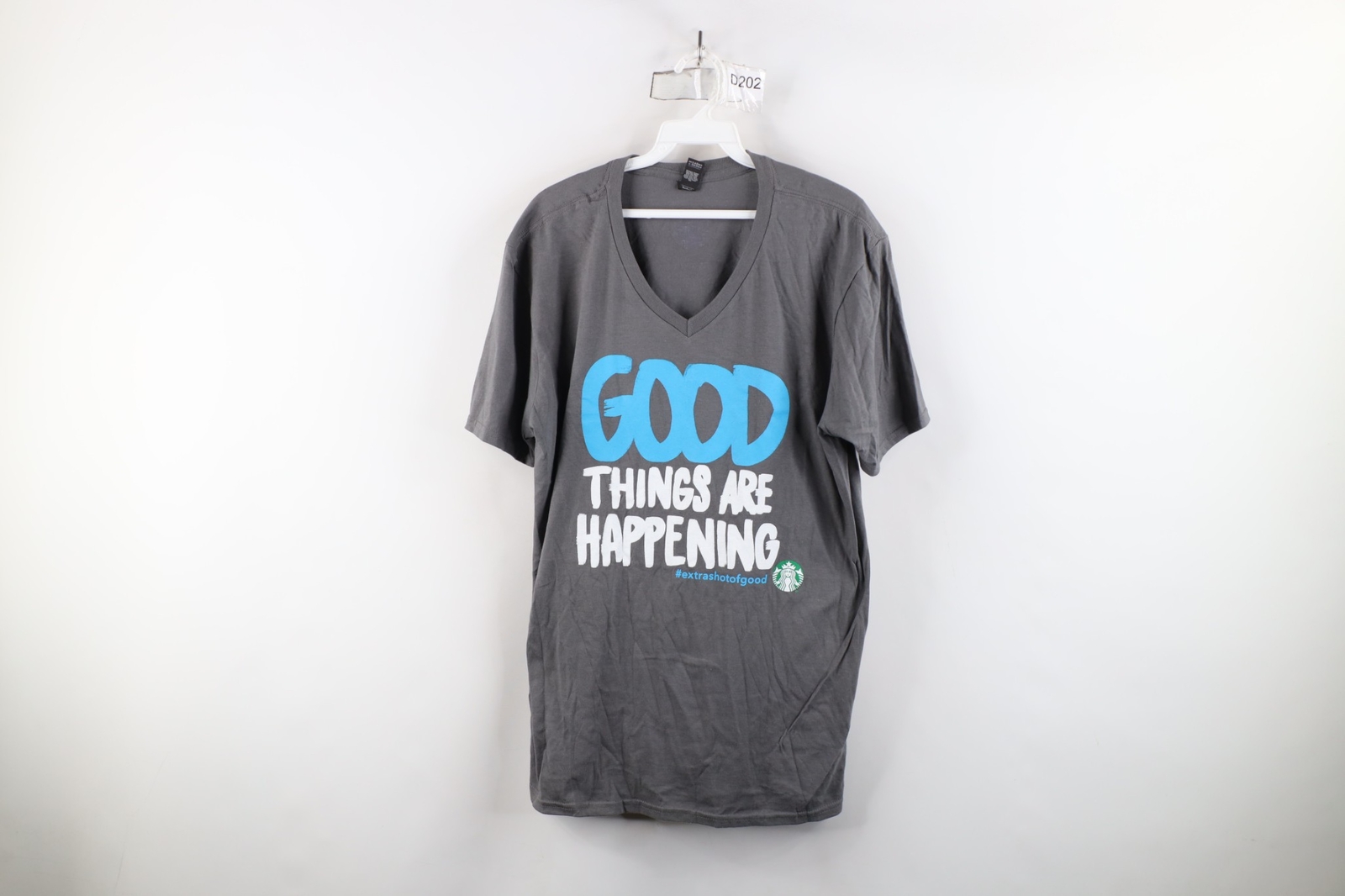 Starbucks Coffee Womens Large Spell Out Good Things Are Happening V-Neck T-Shirt