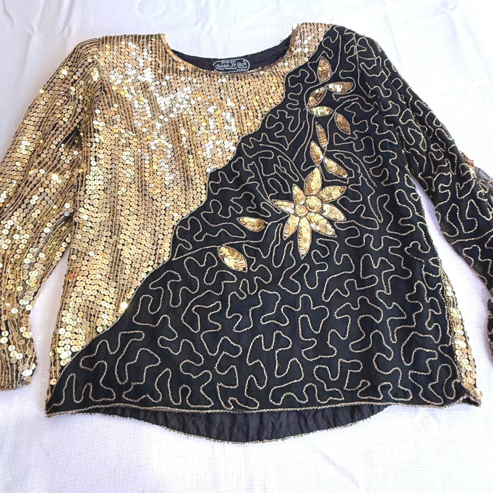 Vintage Joseph Le Bon Pure Silk Sequin Beaded Top Small Black Gold 80s