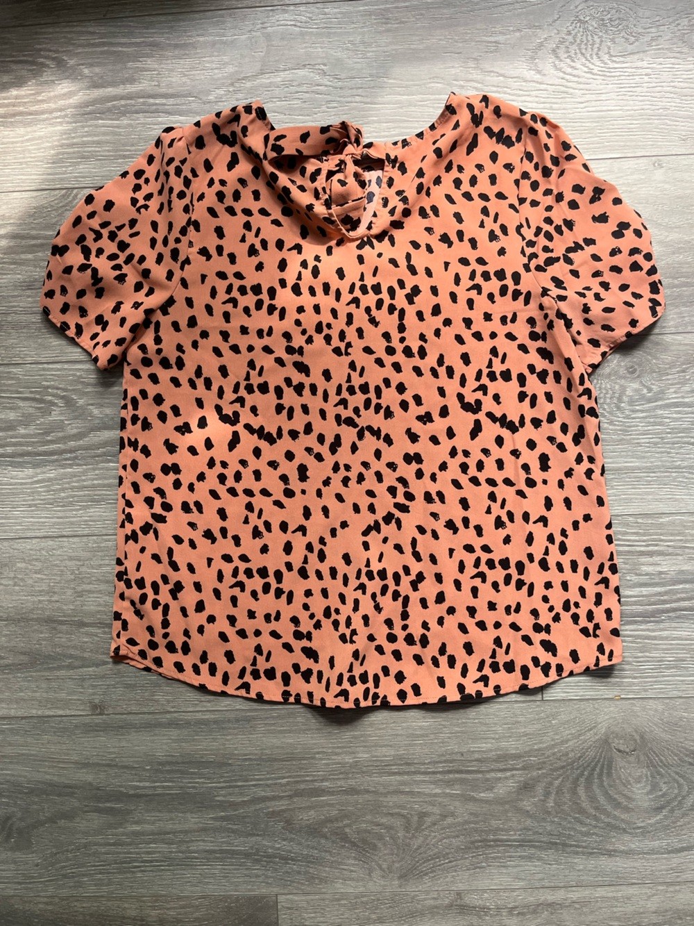 Paper Moon Pink Tan Black Spotted Short Sleeve Tie Back Blouse Top Size S Work