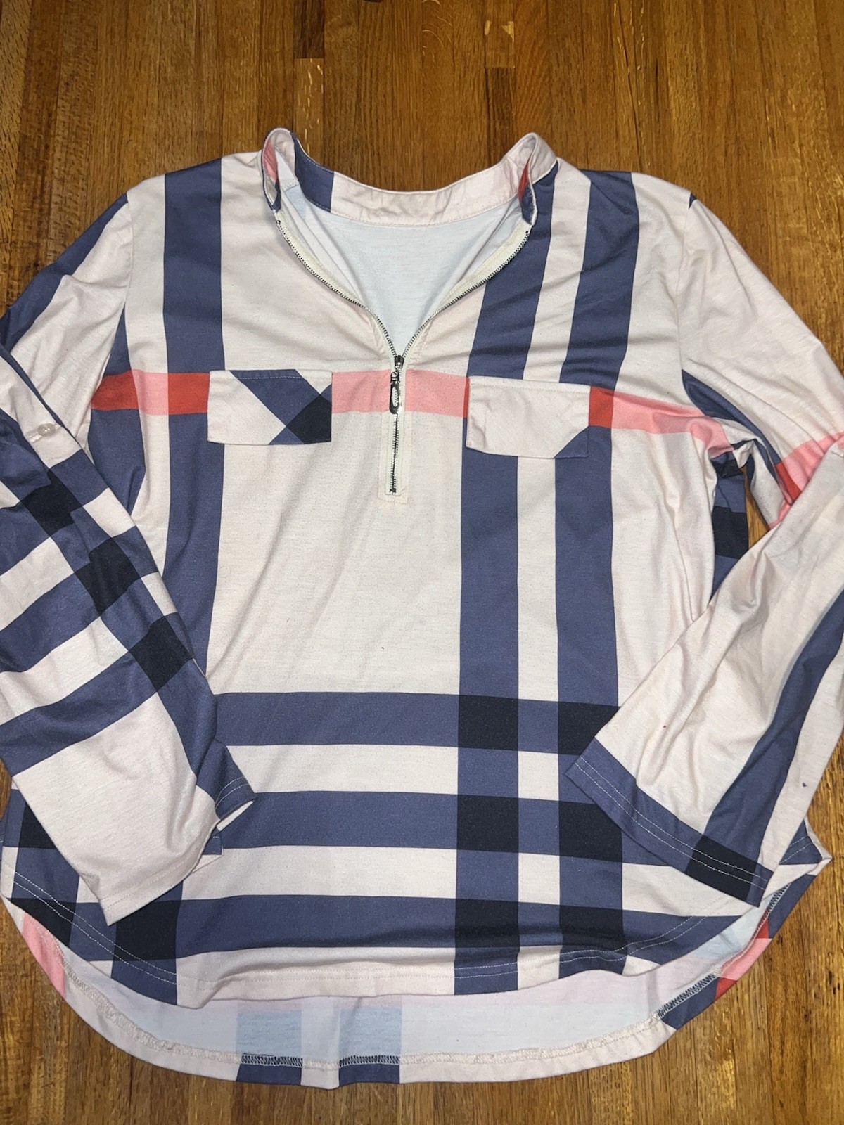 Moyabo Women Large Blue Pink Striped 3/4 Zip Tunic Long Sleeves Blouse Top