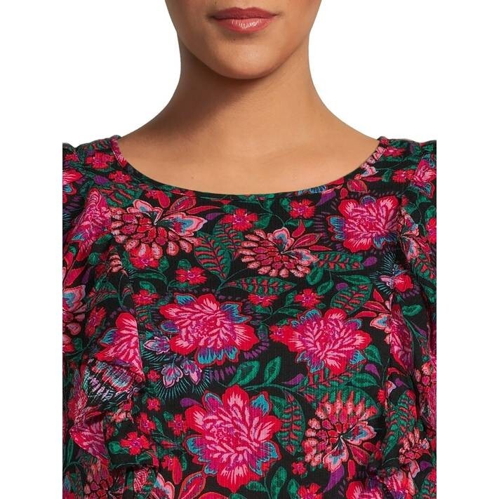 Terra & Sky Plus Size Ruffled Print Tapered Top 0X (14W) Sketched Floral Print