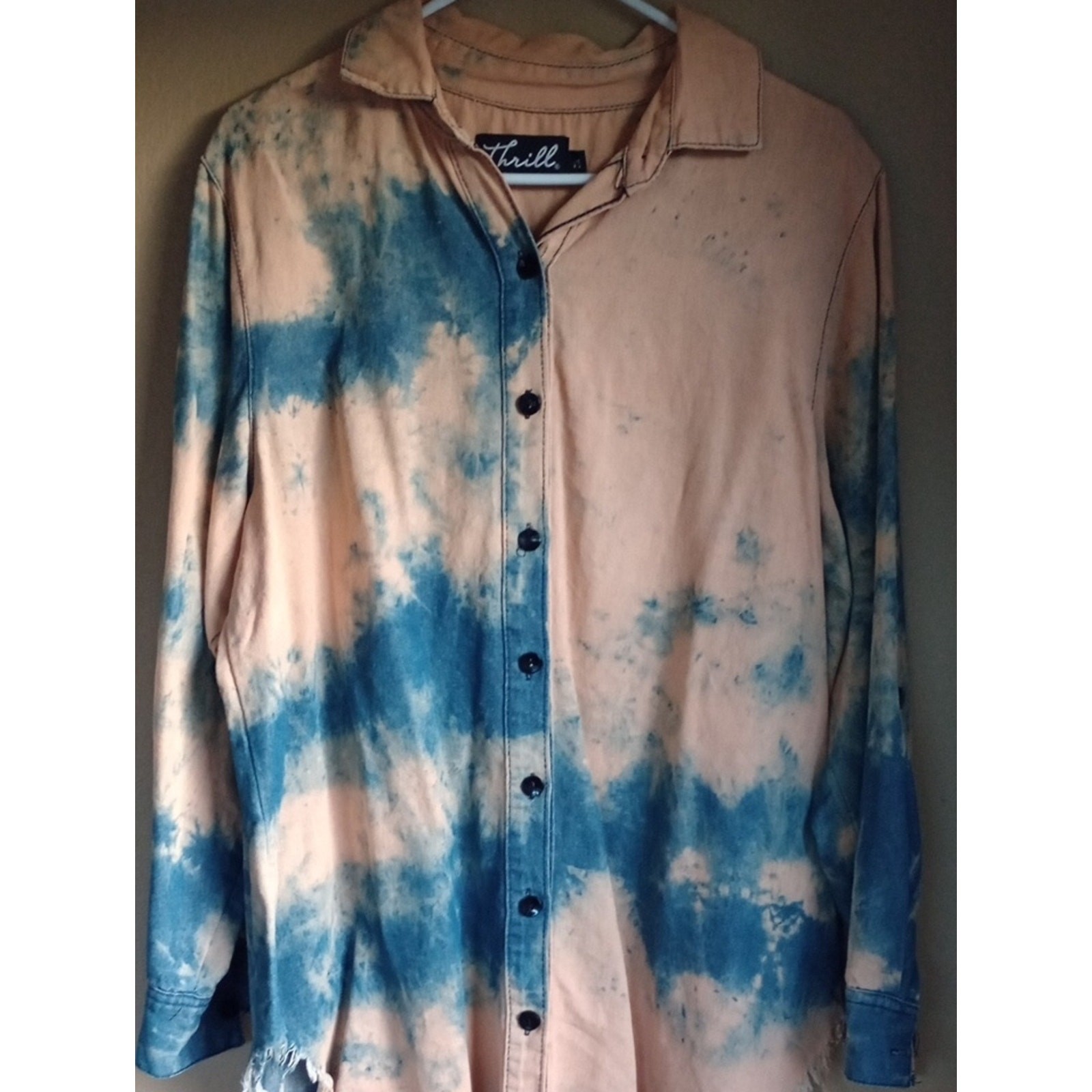 Thrill Denim Bleach Wash Tye Dye Button Front Tunic Dress Shirt Size 2X Cotton