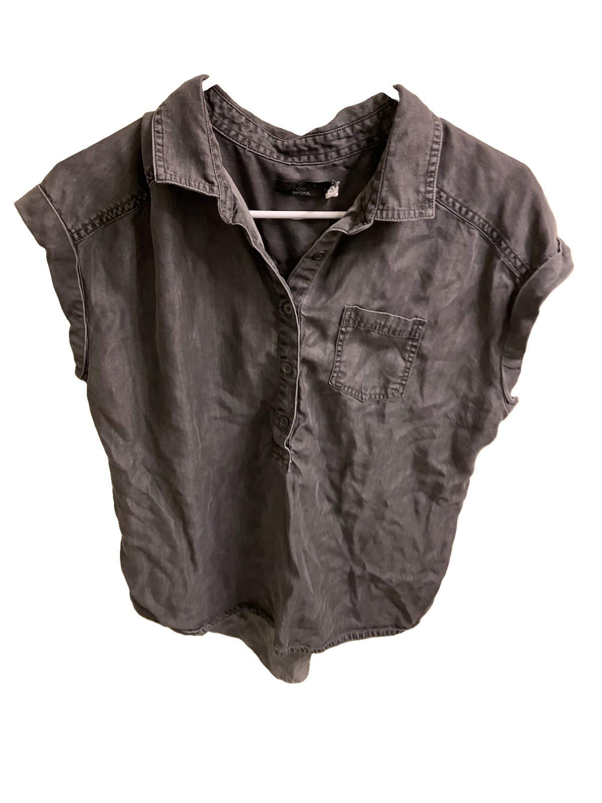 Prana sleeveless gray Tencel top 3/4 button up Medium Distressed pocket Soft