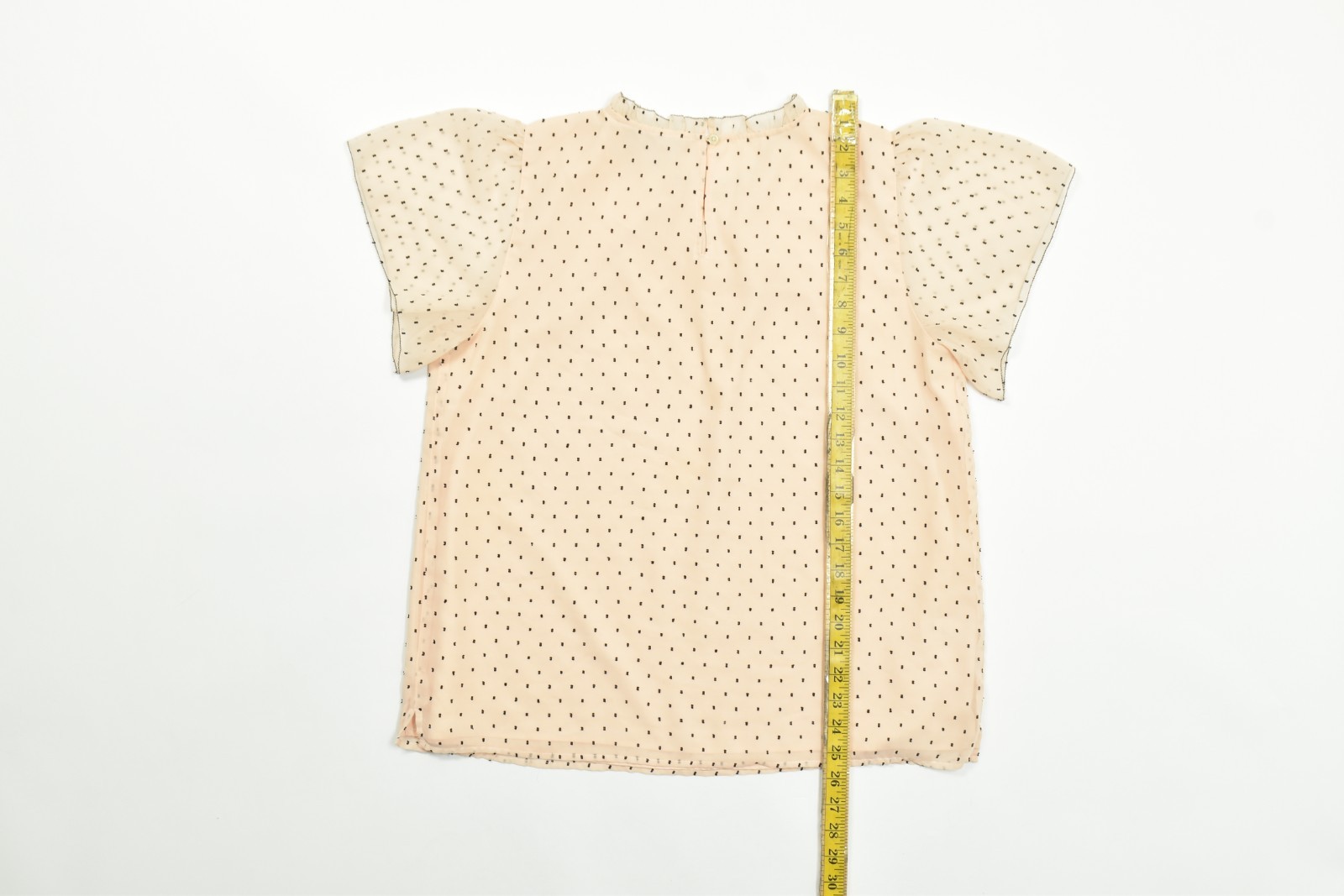 LOFT Blouse Medium M Pink Black Polka Dot Flutter Sleeve Ruffle Neck Chiffon She