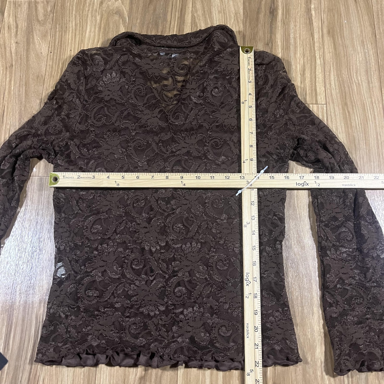 Vintage John Paul Richard Lace Blouse Womens Large Petite Brown Paisley Sheer