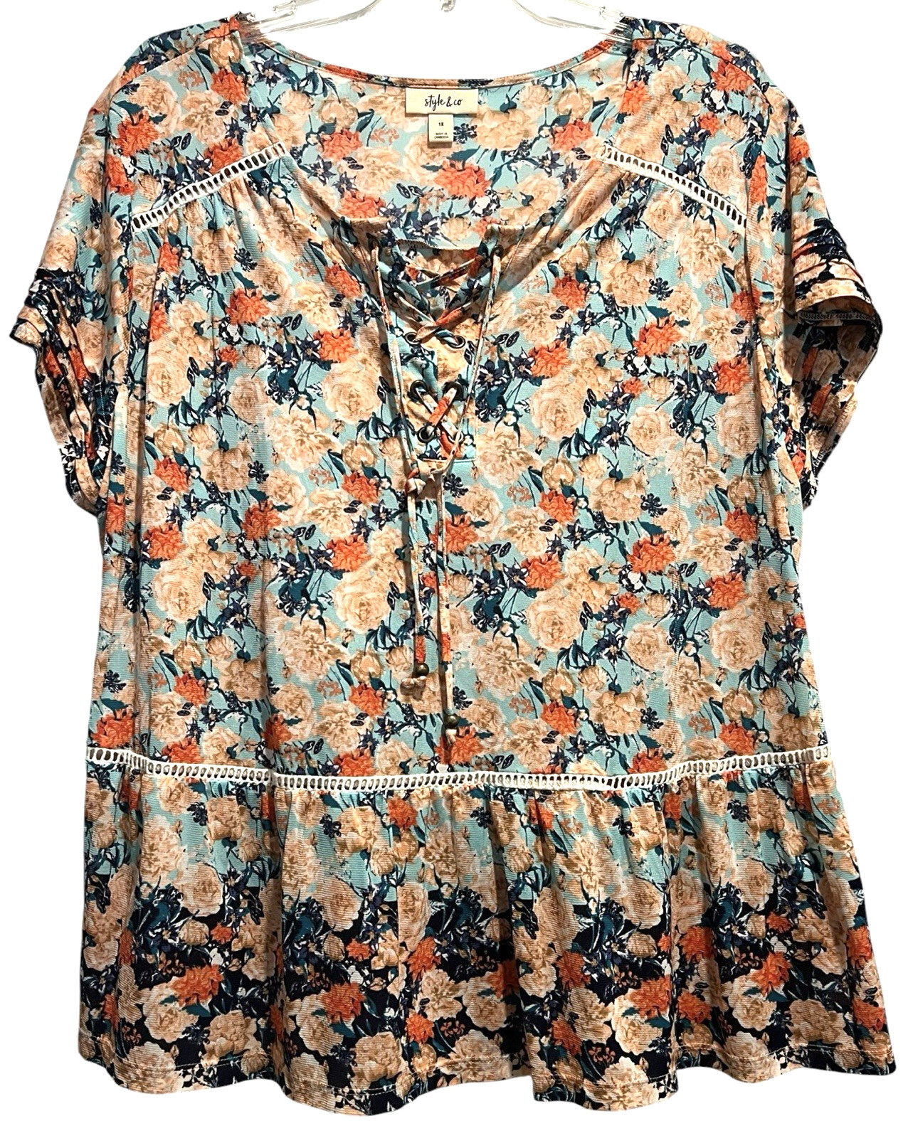 Style & Co Top Size 1X Peach Blue Floral Cap Pleated Sleeves Lace Up Neck Detail