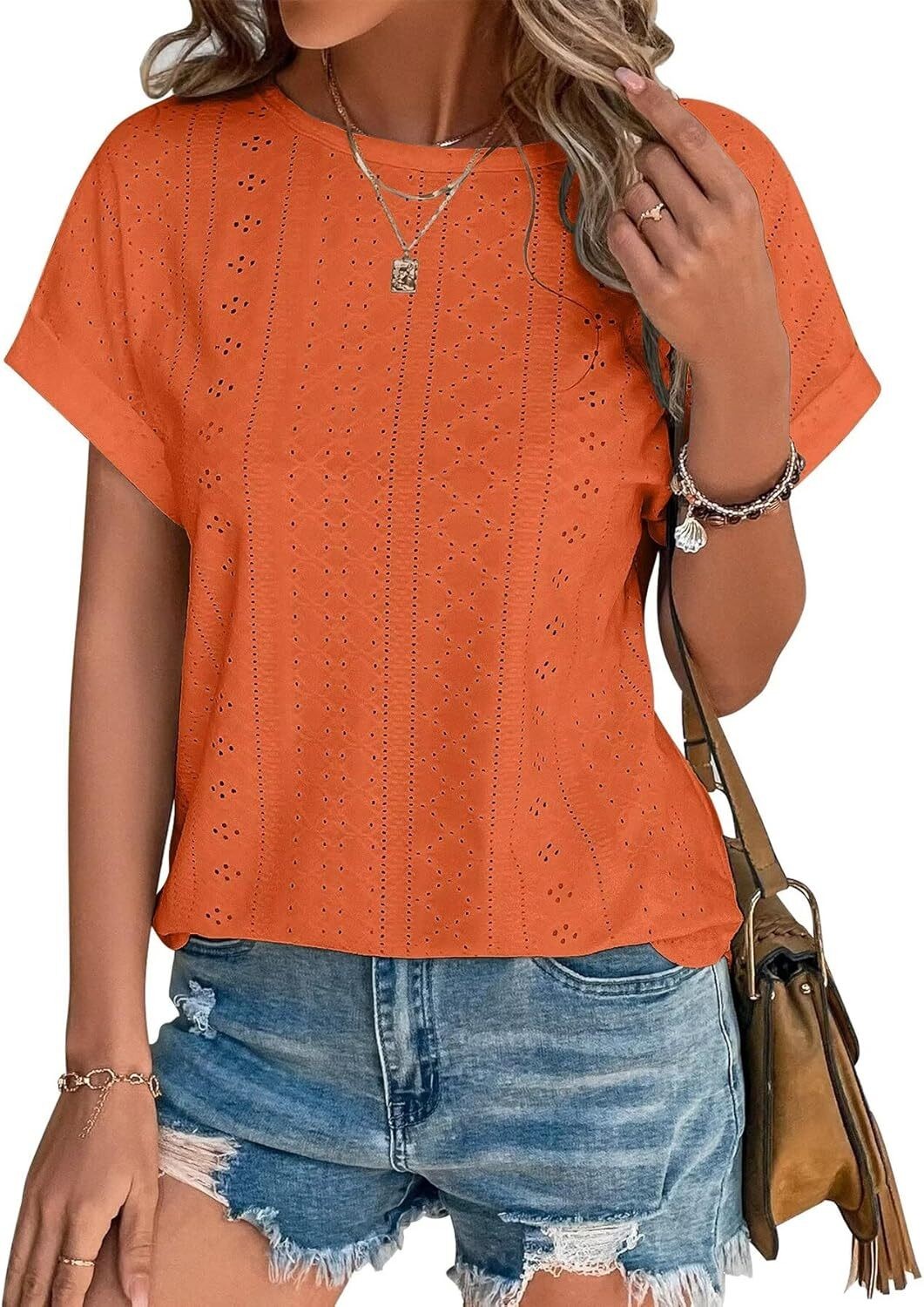 Womens Eyelet Embroidery Top Short Sleeve Curved Hem Loose Fit Summer T Shirt