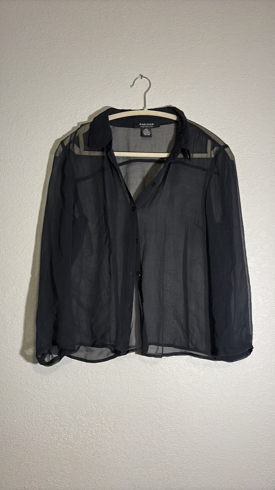 Parisian Signature Vintage 100% Silk Sheer Black Button Down Shirt Size 12