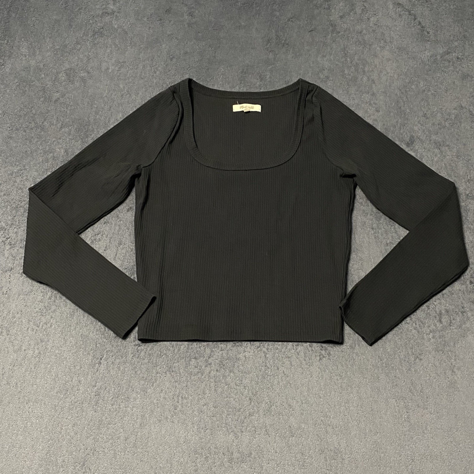Madewell Crop Tee Womens S Black Square Neck Long Sleeve Ribbed Pullover Stretch
