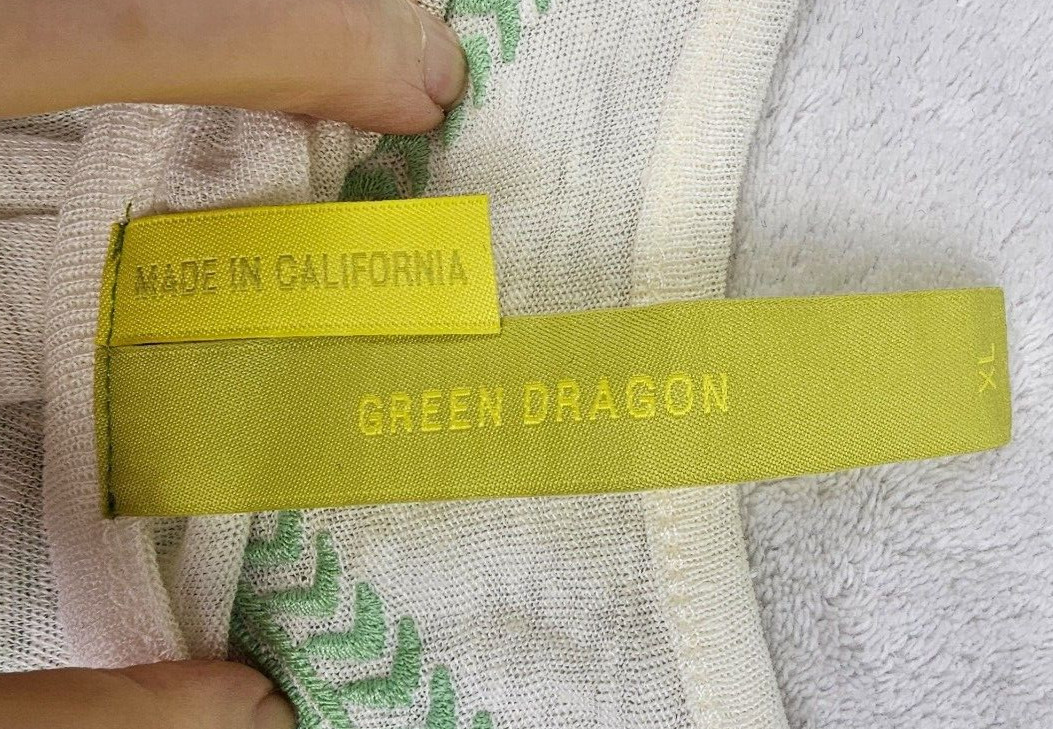 Green Dragon Linen Top Womens XL Tunic Tank Embroidered Boho Hippie USA Festival