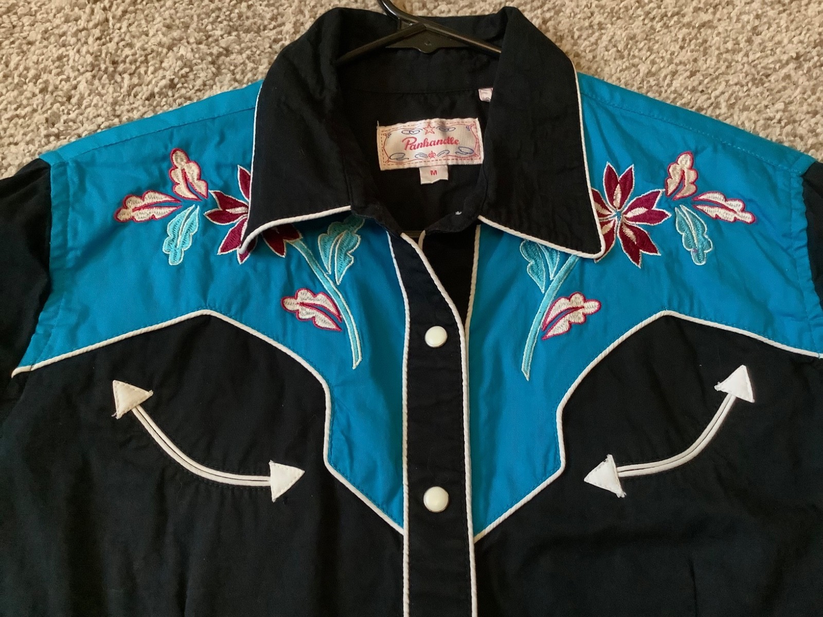 Panhandle Women Medium Shirt Western Retro Rodeo Rockabilly Embroidered Turquois