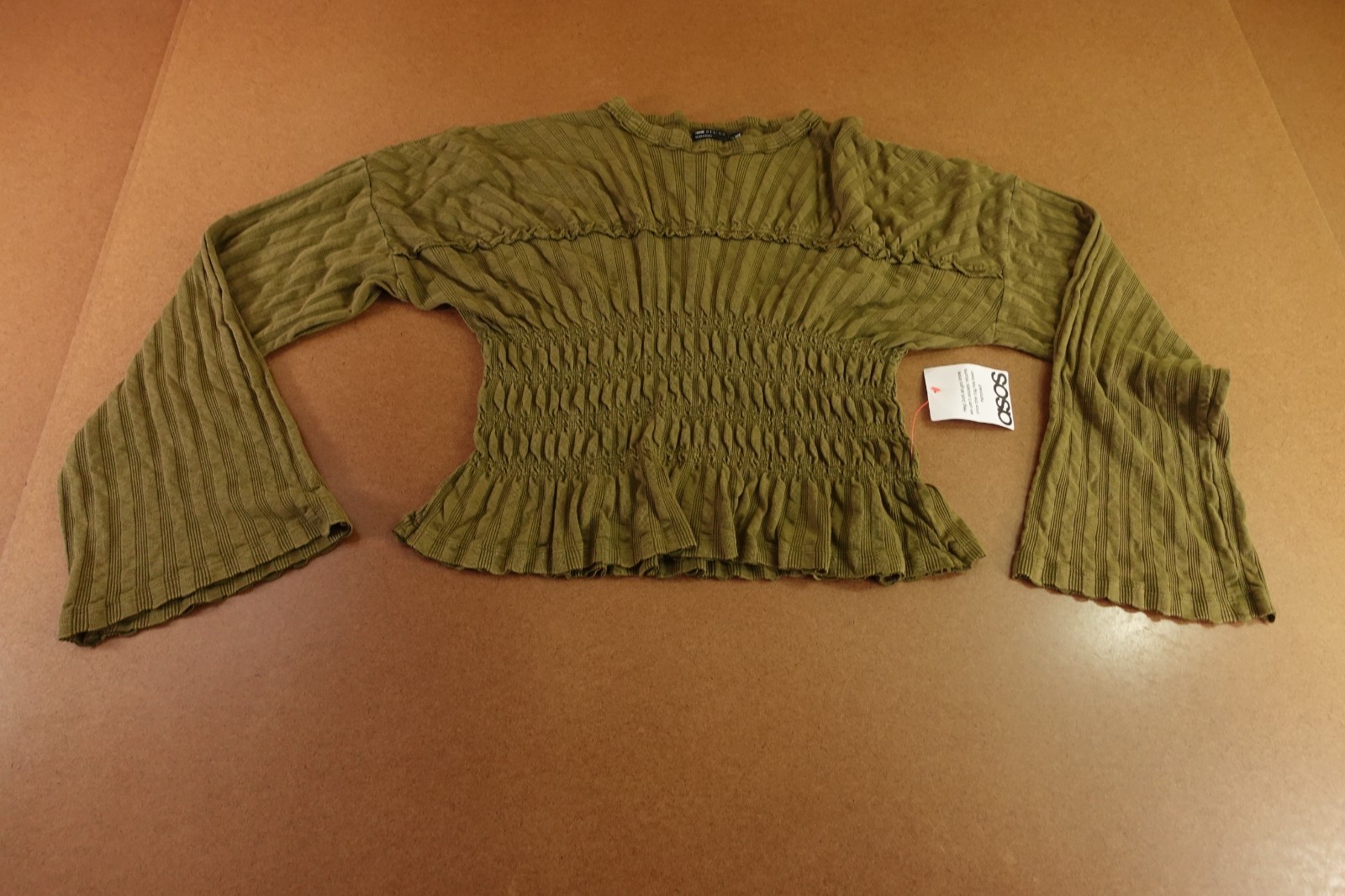 Asos Design Womens Small Green Textured Shirred Waist Long Sleeve Blouse Top NWT