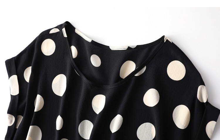 100% Mulberry Silk Black Polka Dots Short Sleeve Women T-Shirt Shirt Top MM142