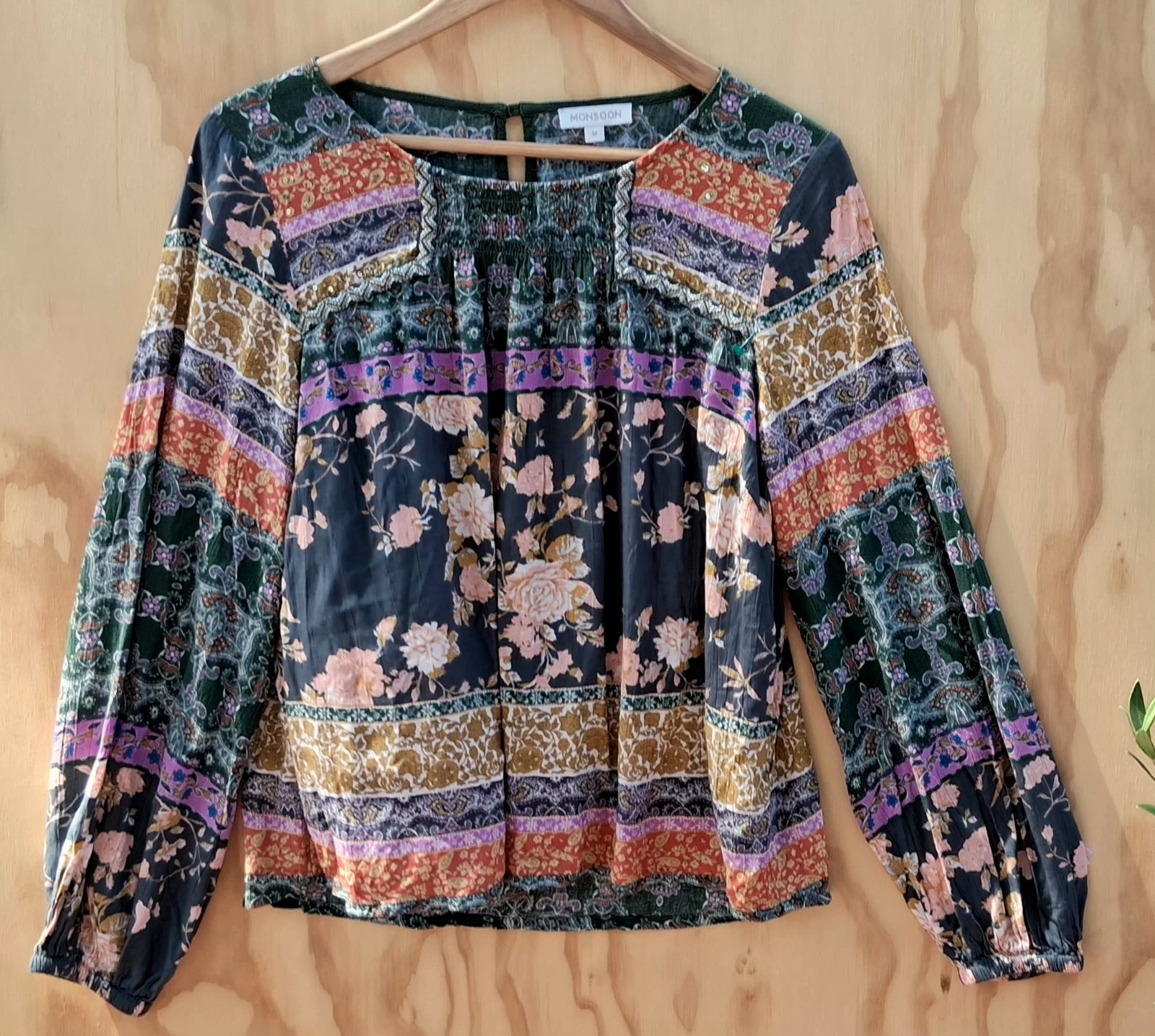 Monsoon Floral Paisley Boho Blouse M Sequin Detail Long Sleeve US Shipping