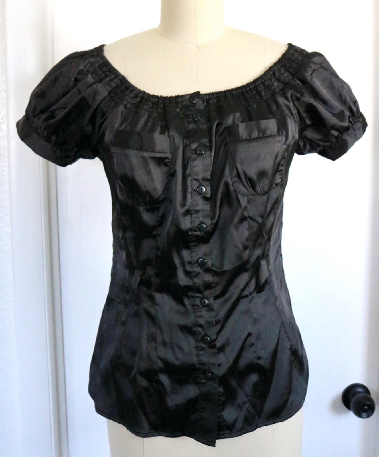 Vtg Y2K Satin Button Up S Small Blouse Black Off Shoulder Gothic 2000s Glam