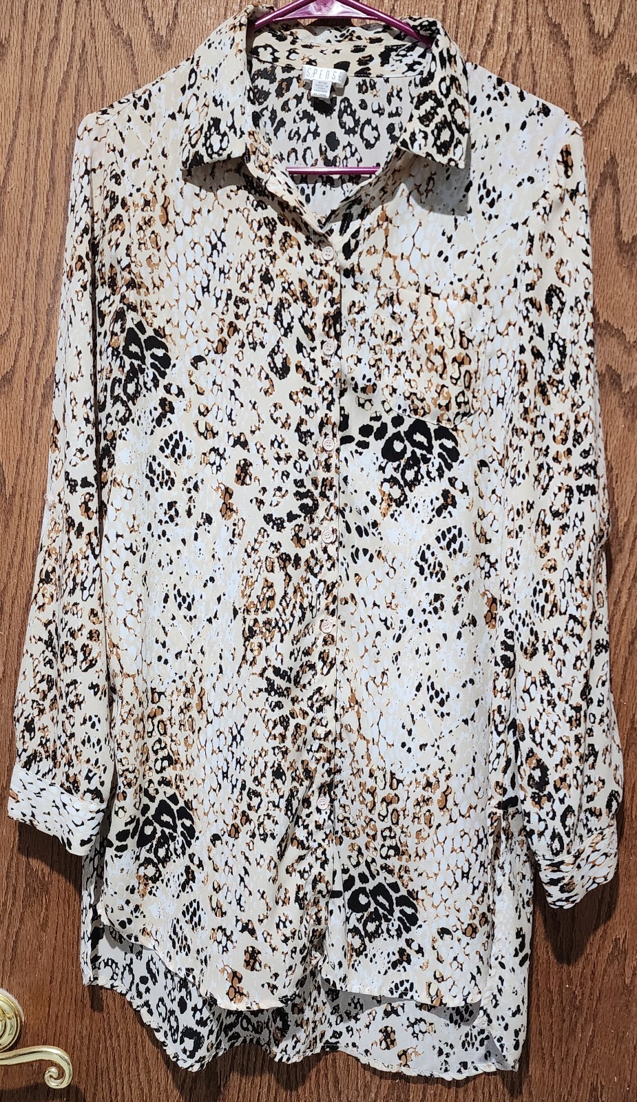WOMENS SPENSE L/S BUTTON UP TOP TUNIC, CREAM BROWN ANIMAL PRINT, SOFT, M MEDIUM