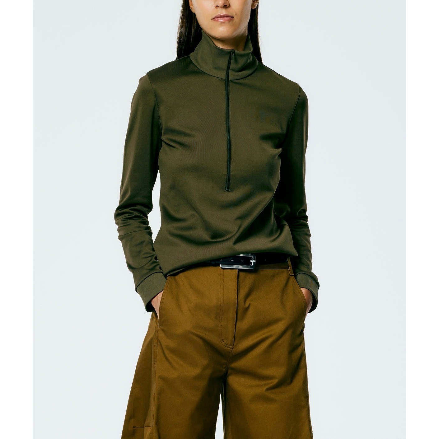 Tibi Pullover Women Medium Brown Quarter Zip Back Pocket Stretch Long Sleeve
