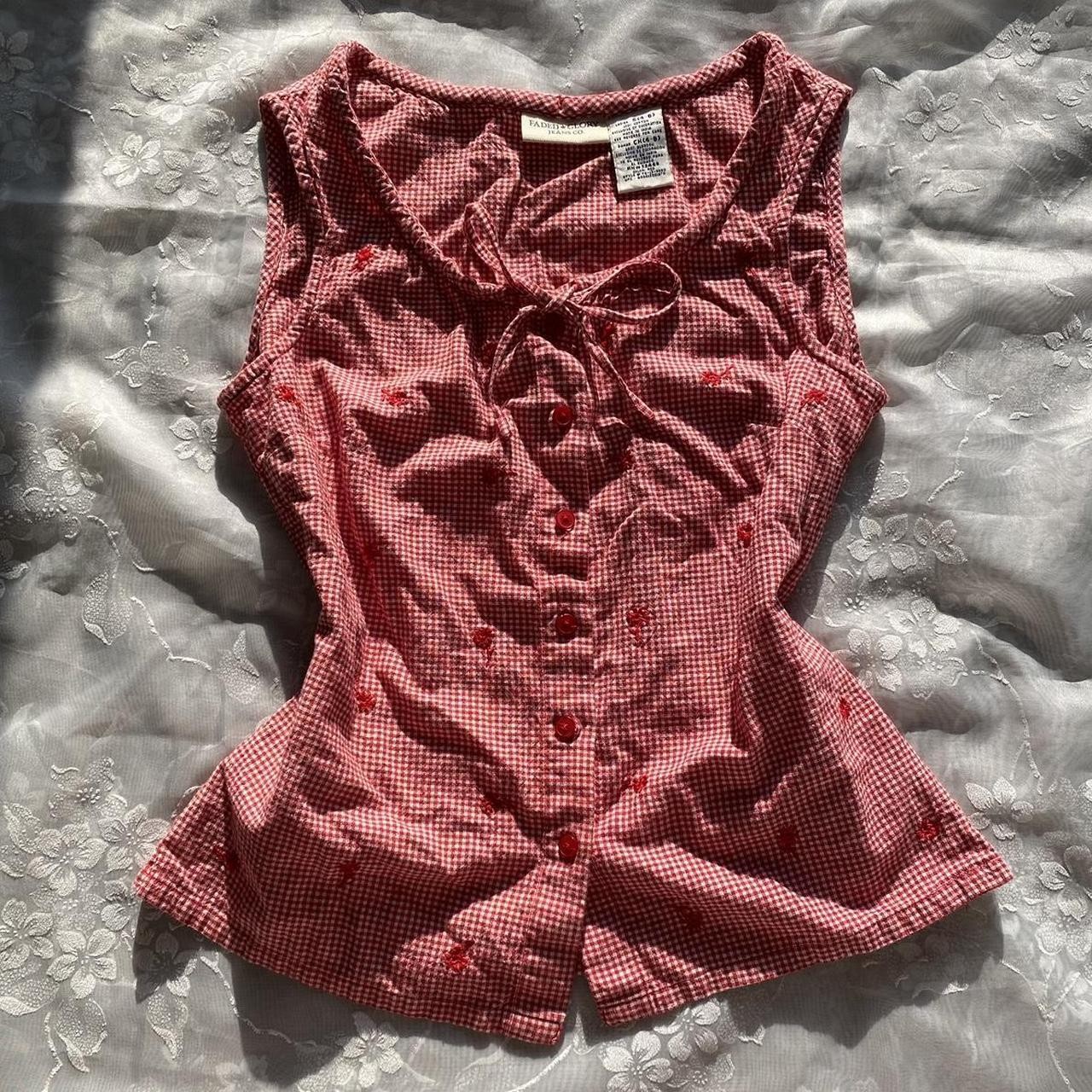 Vintage red and white gingham button up blouse with bow embroidered flowers