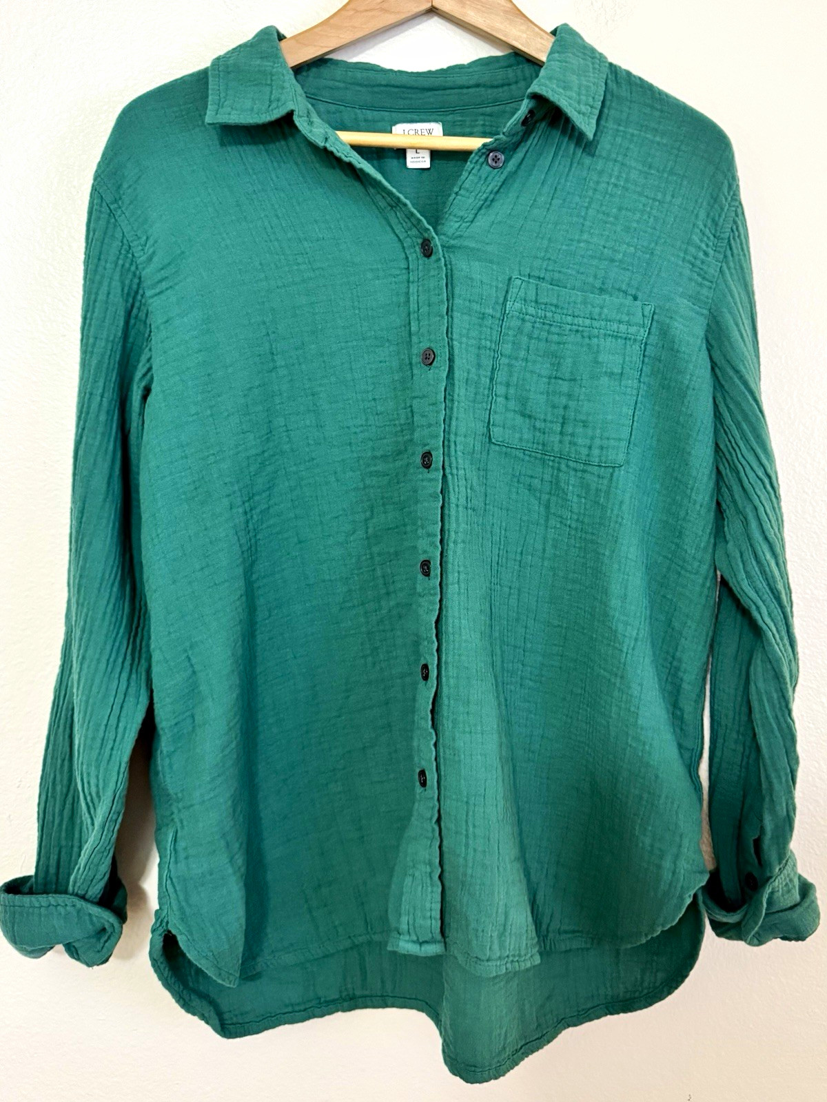 J.Crew Women L Emerald Green Double Gauze Cotton Button Down Shirt Relaxed