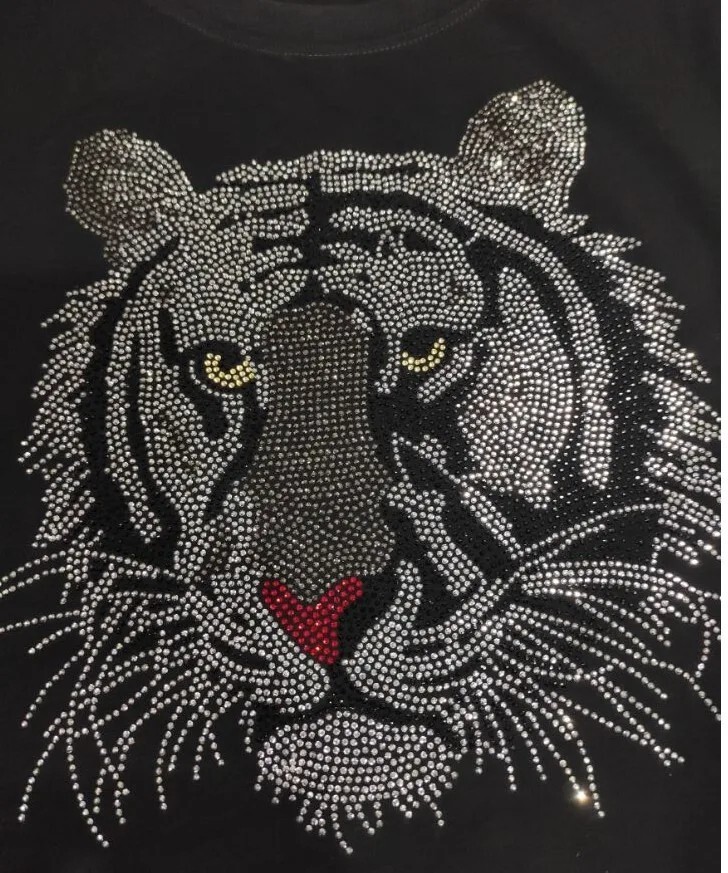 New Women Luxury Diamond Tiger Rhinestones Black White T-Shirt High Quality