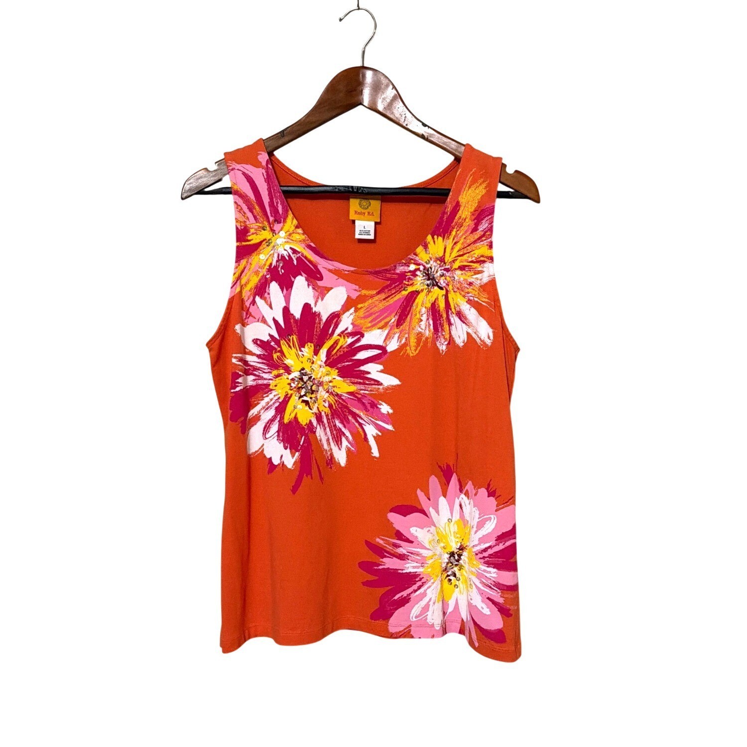 Ruby Rd. Womens Orange Sleeveless Floral Tank Top L 95% Cotton 5% Spandex resort