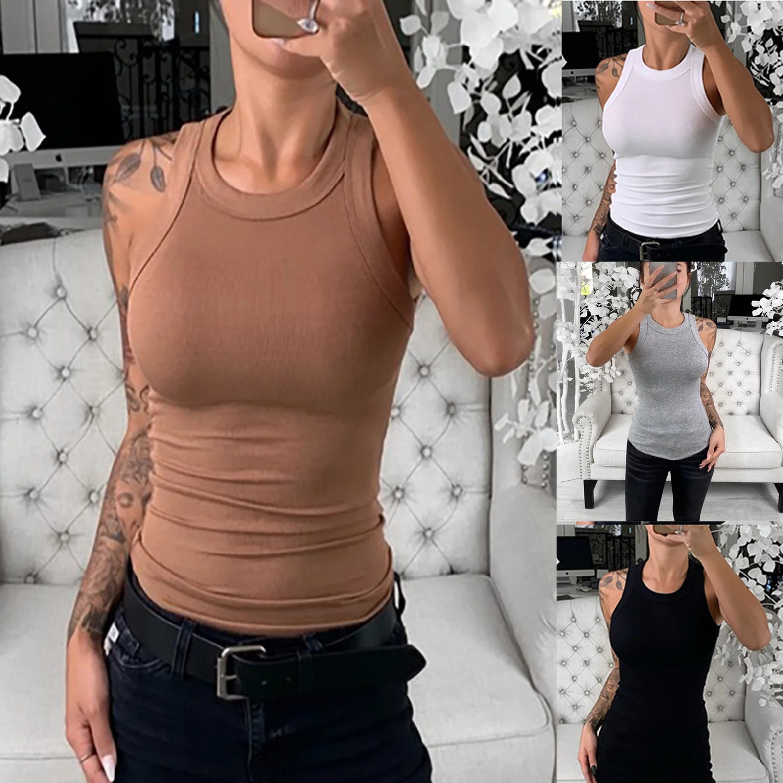 Mujer Top Sin Mangas Acanalado Liso Cuello Redondo Elástico Verano Básico